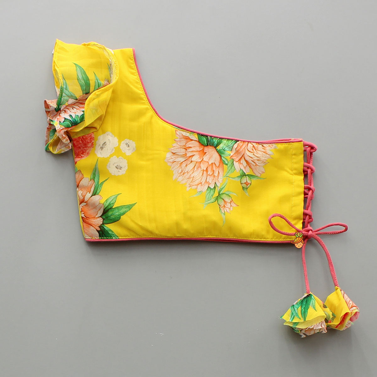 One Shoulder Flower Printed Top And Frilly Lehenga