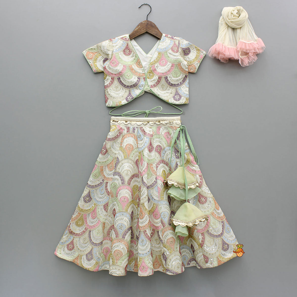 Multicolour Embroidered Stylish Top And Lehenga With Net Dupatta