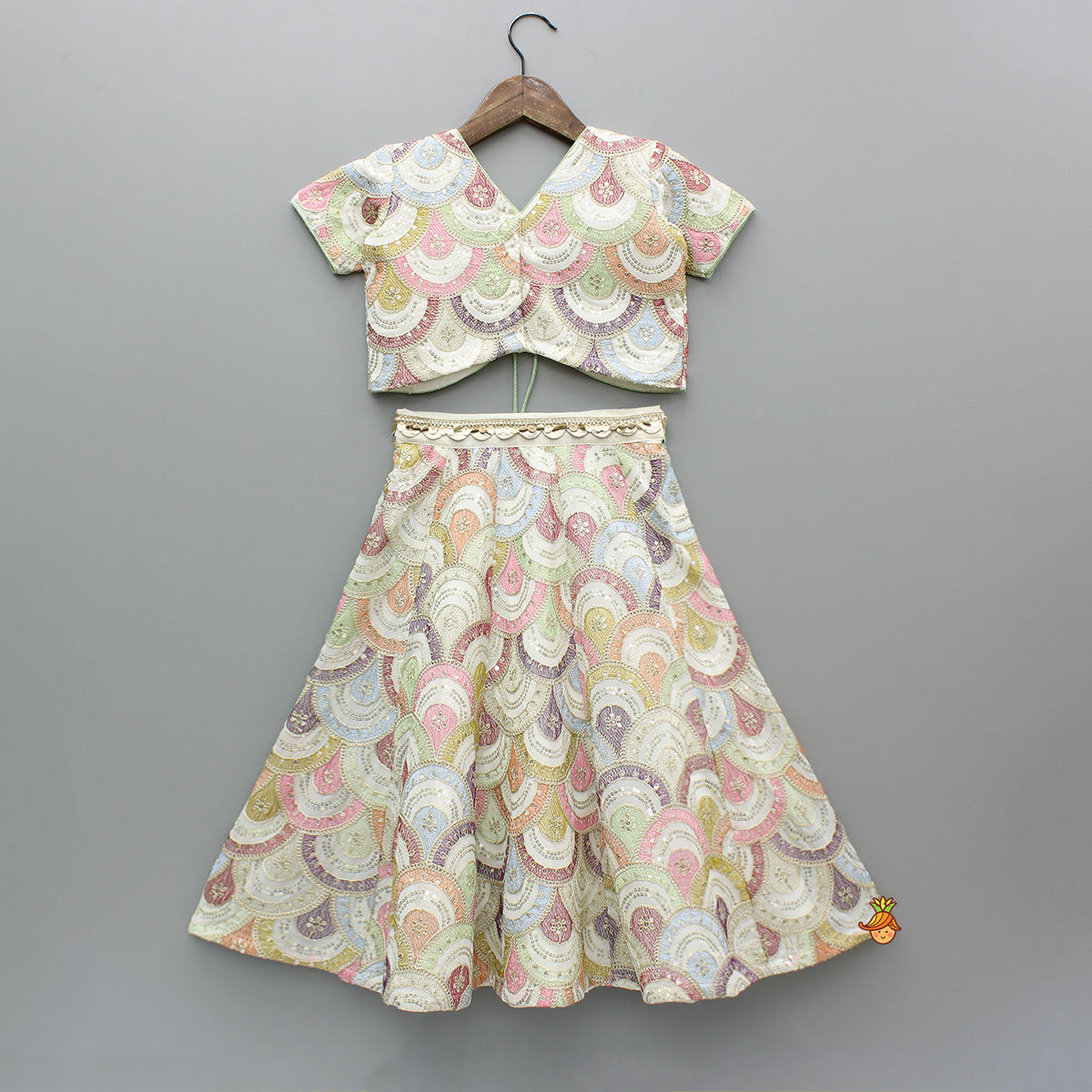 Multicolour Embroidered Stylish Top And Lehenga With Net Dupatta