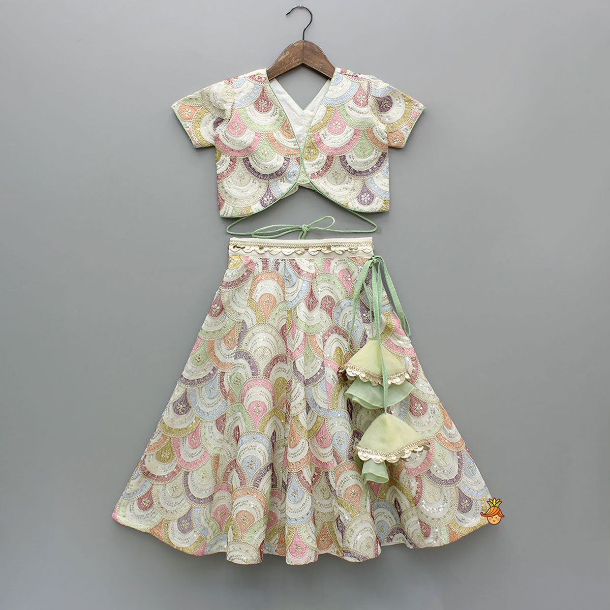 Multicolour Embroidered Stylish Top And Lehenga With Net Dupatta