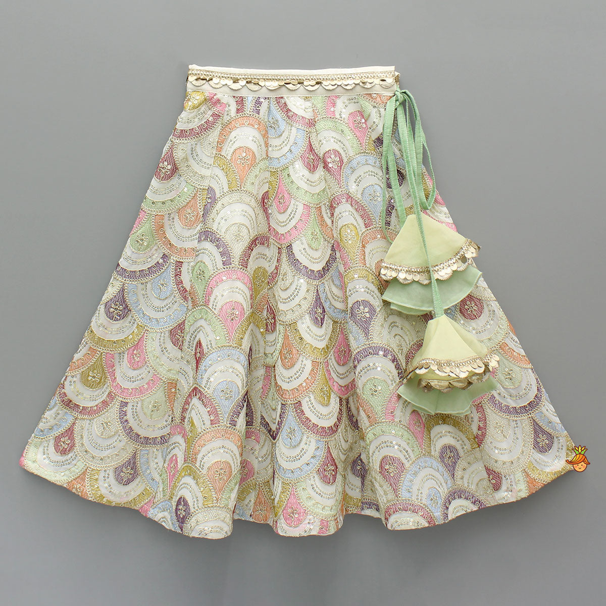 Multicolour Embroidered Stylish Top And Lehenga With Net Dupatta