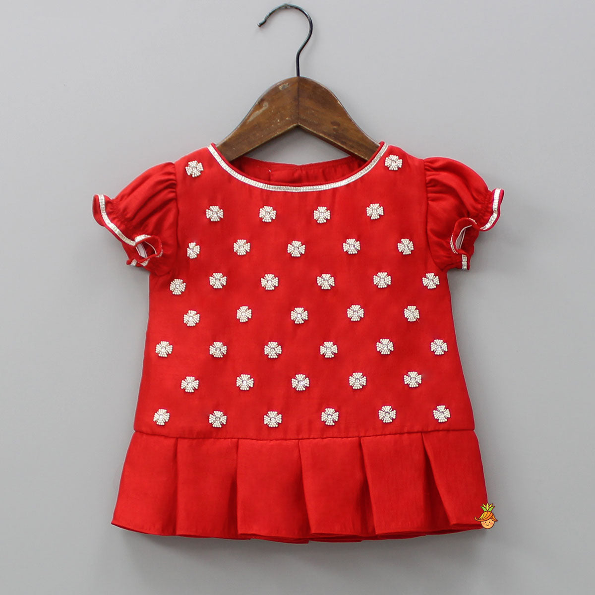 Embroidered Yoke Red Top And Bloomer