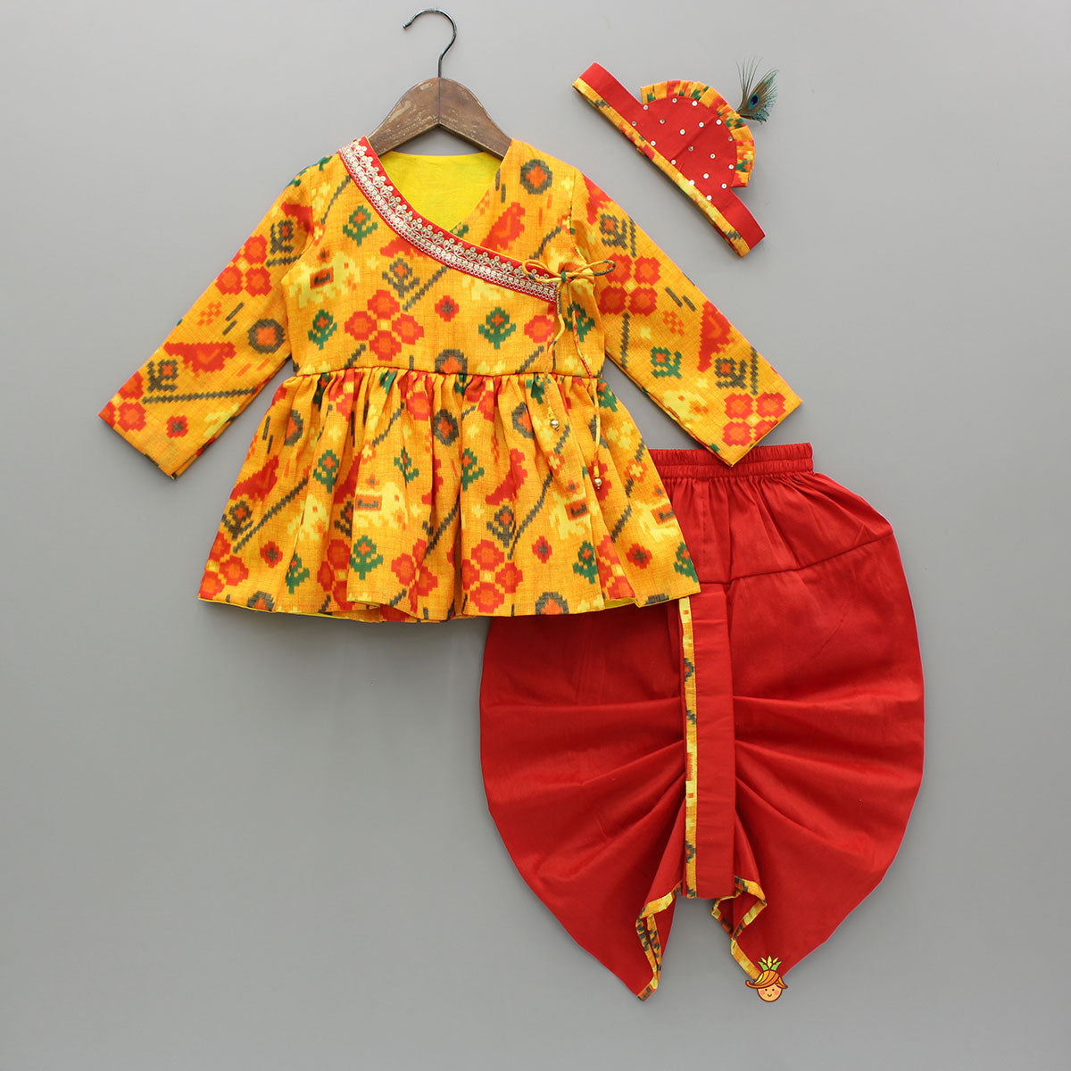 Patola Printed Angarkha Style Kurta And Dhoti With Mukut
