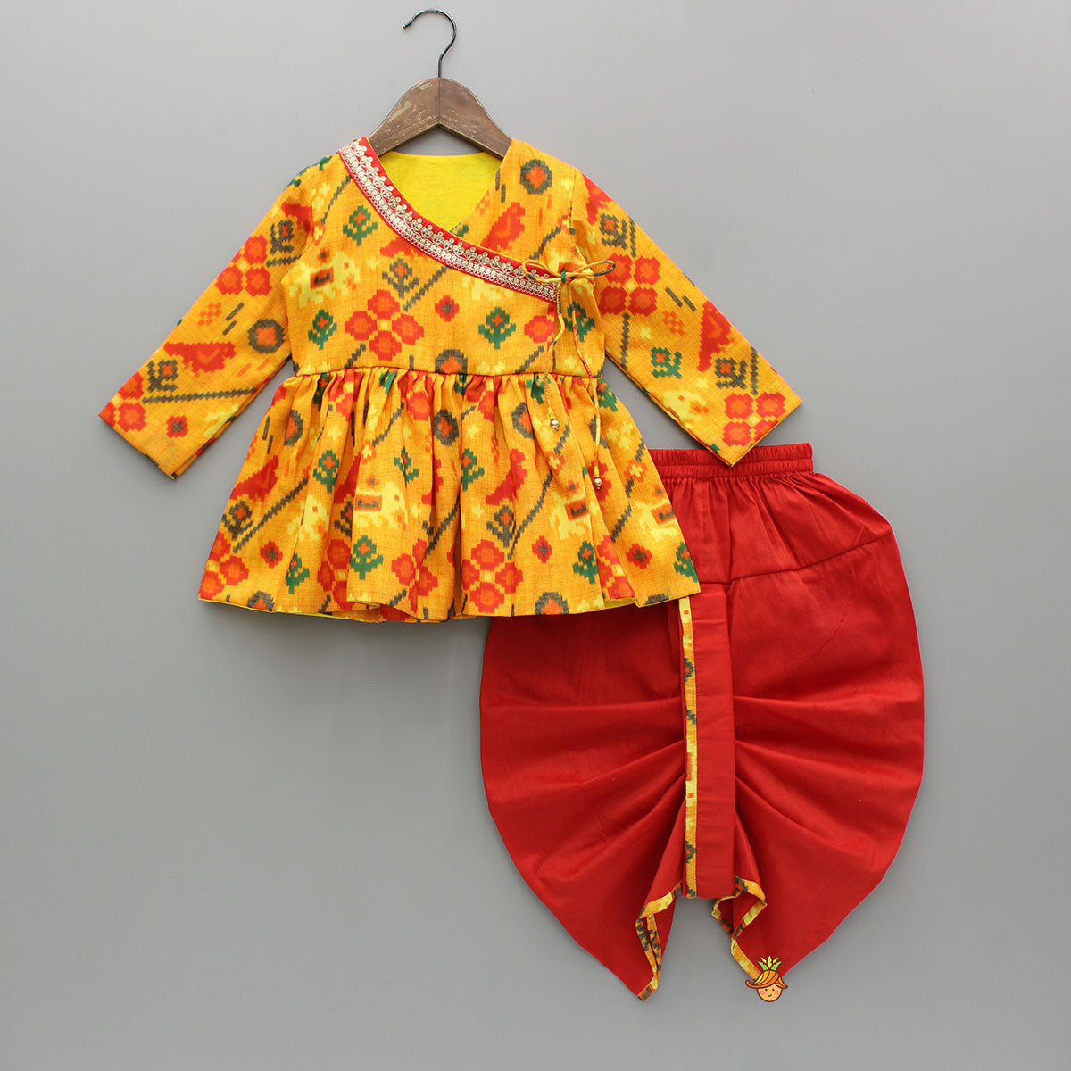 Patola Printed Angarkha Style Kurta And Dhoti With Mukut