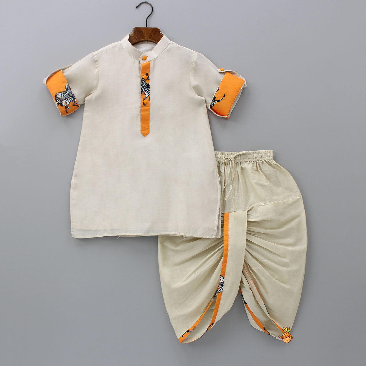 Plain Kurta And Animal Printed Jacket With Dhoti