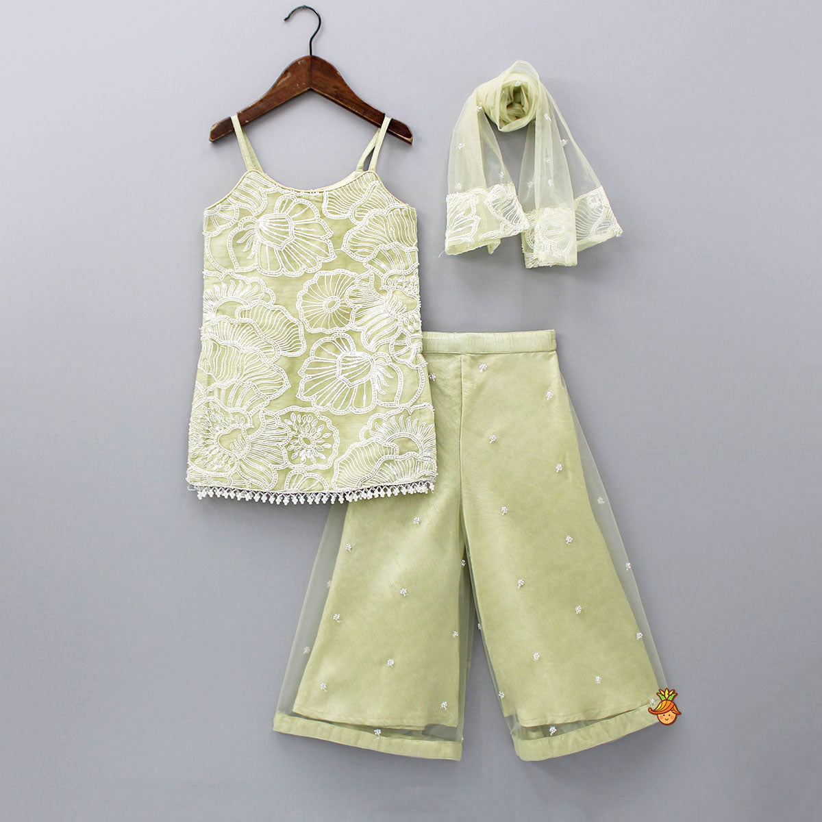 Embroidered Strappy Kurti With Palazzo And Dupatta
