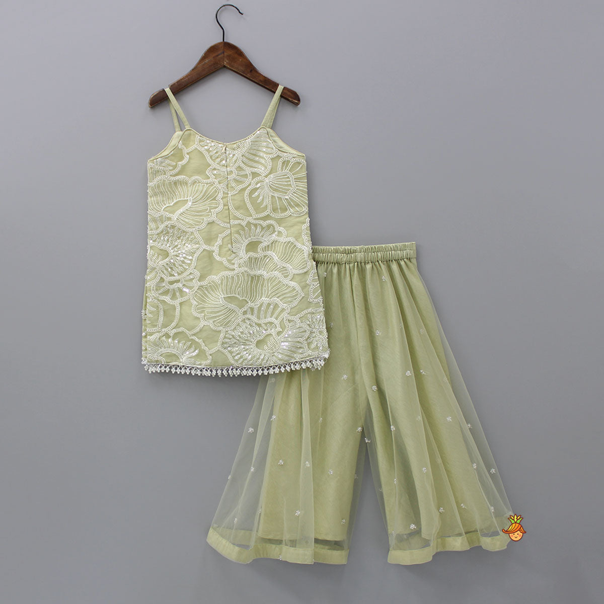 Embroidered Strappy Kurti With Palazzo And Dupatta