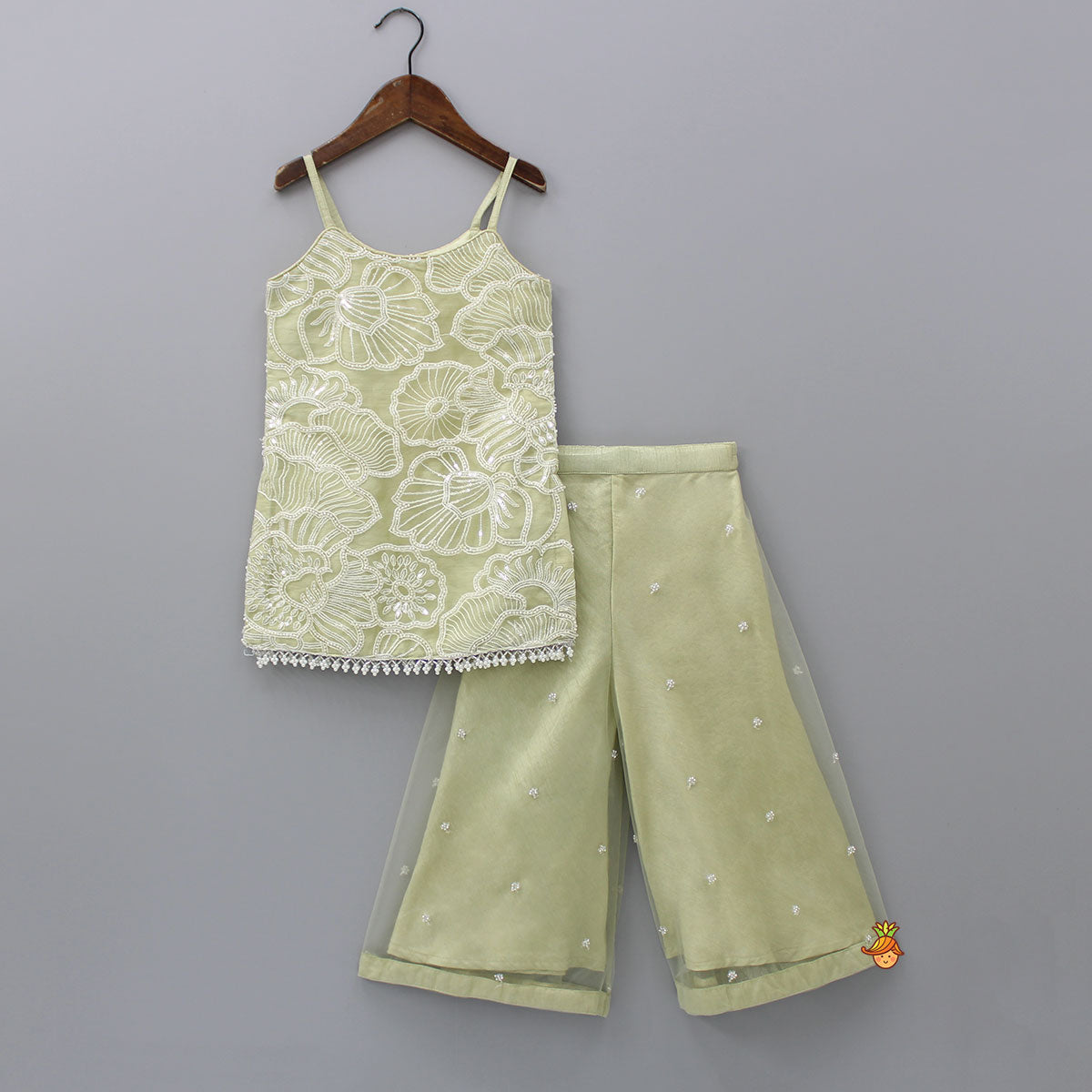 Embroidered Strappy Kurti With Palazzo And Dupatta