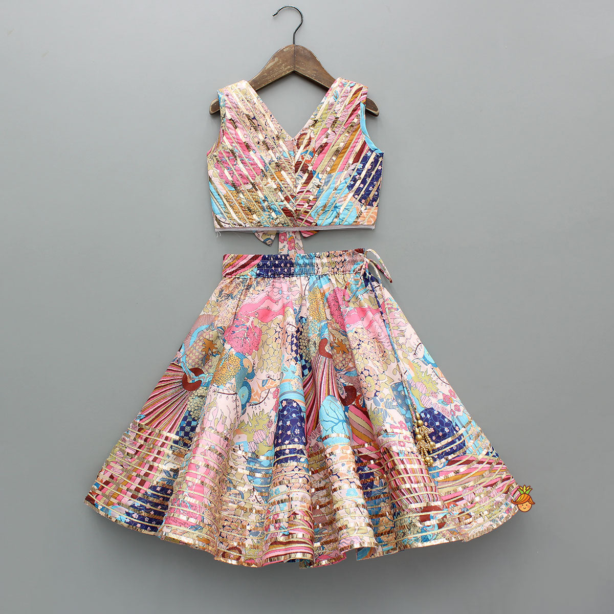 Multicolour Printed Lace Detailing Top And Flared Lehenga