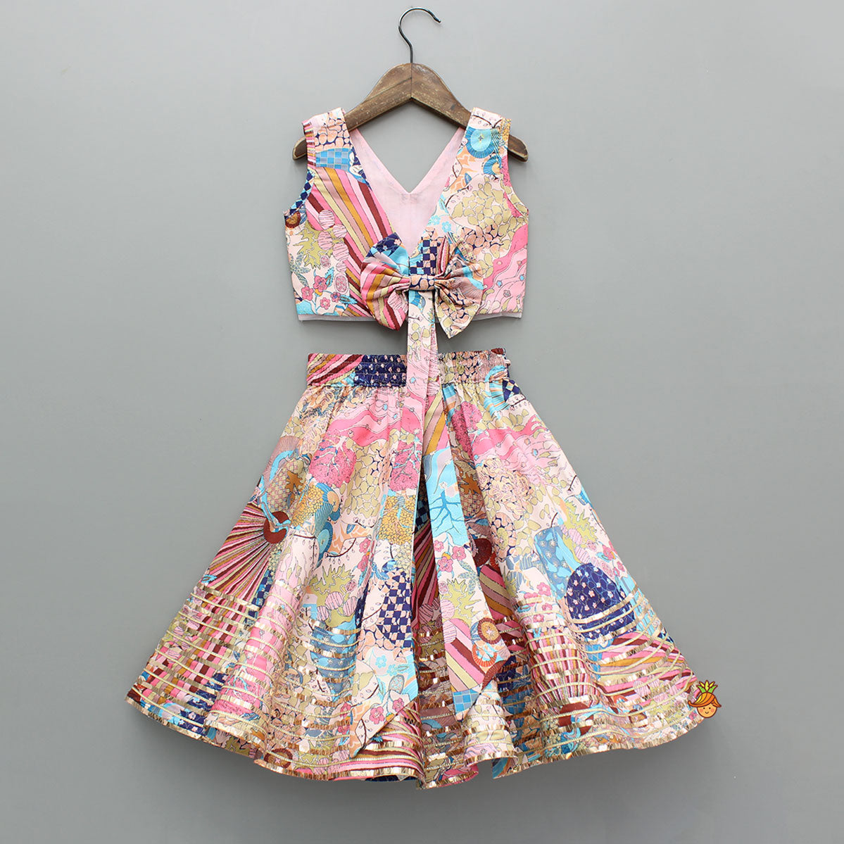 Multicolour Printed Lace Detailing Top And Flared Lehenga