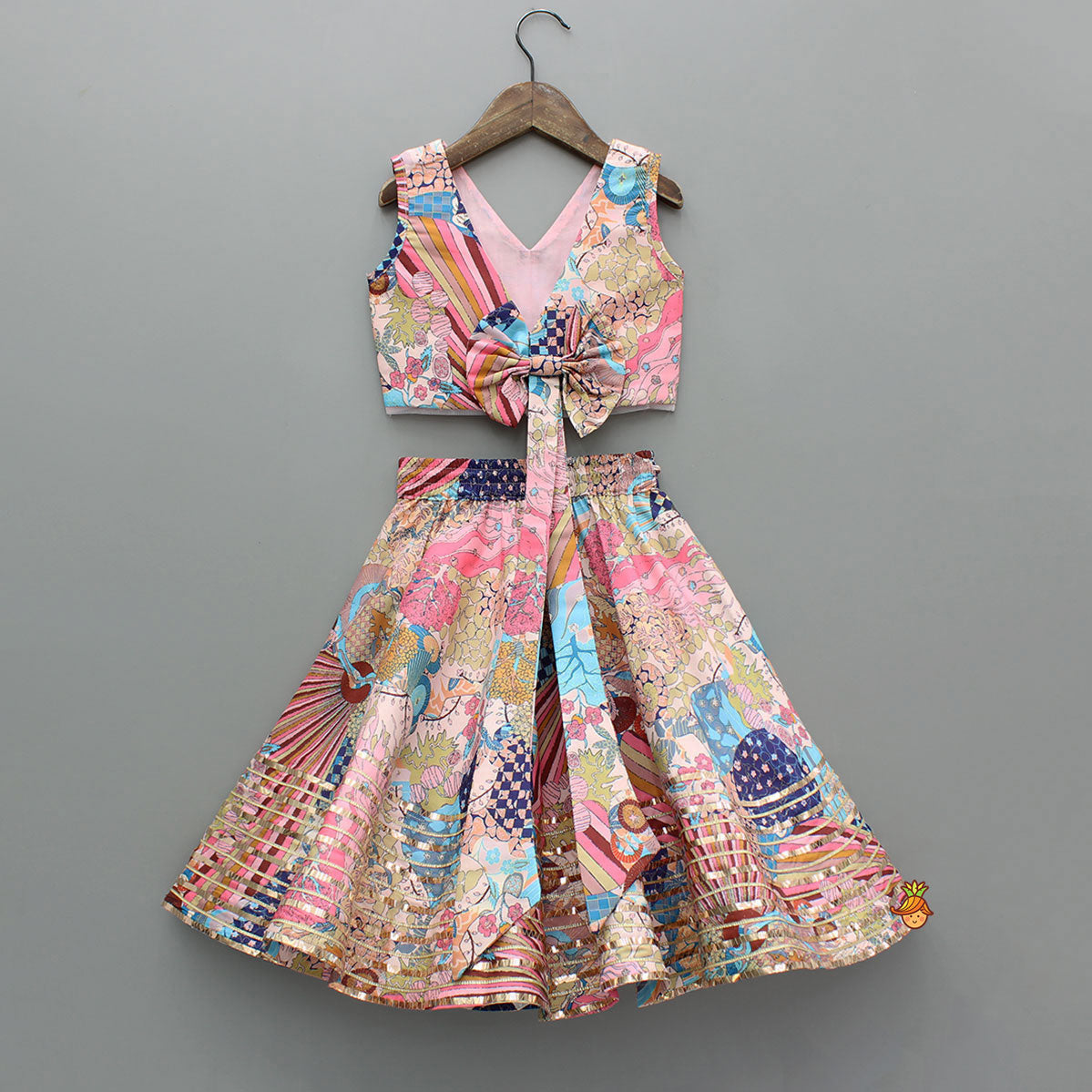 Multicolour Printed Lace Detailing Top And Flared Lehenga
