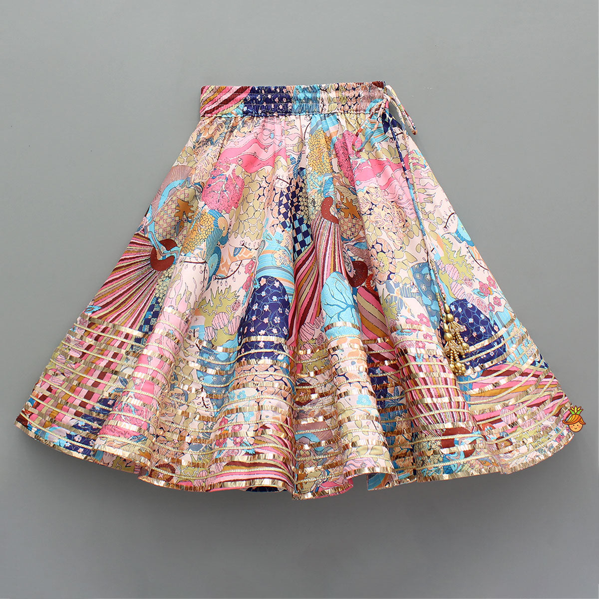 Multicolour Printed Lace Detailing Top And Flared Lehenga