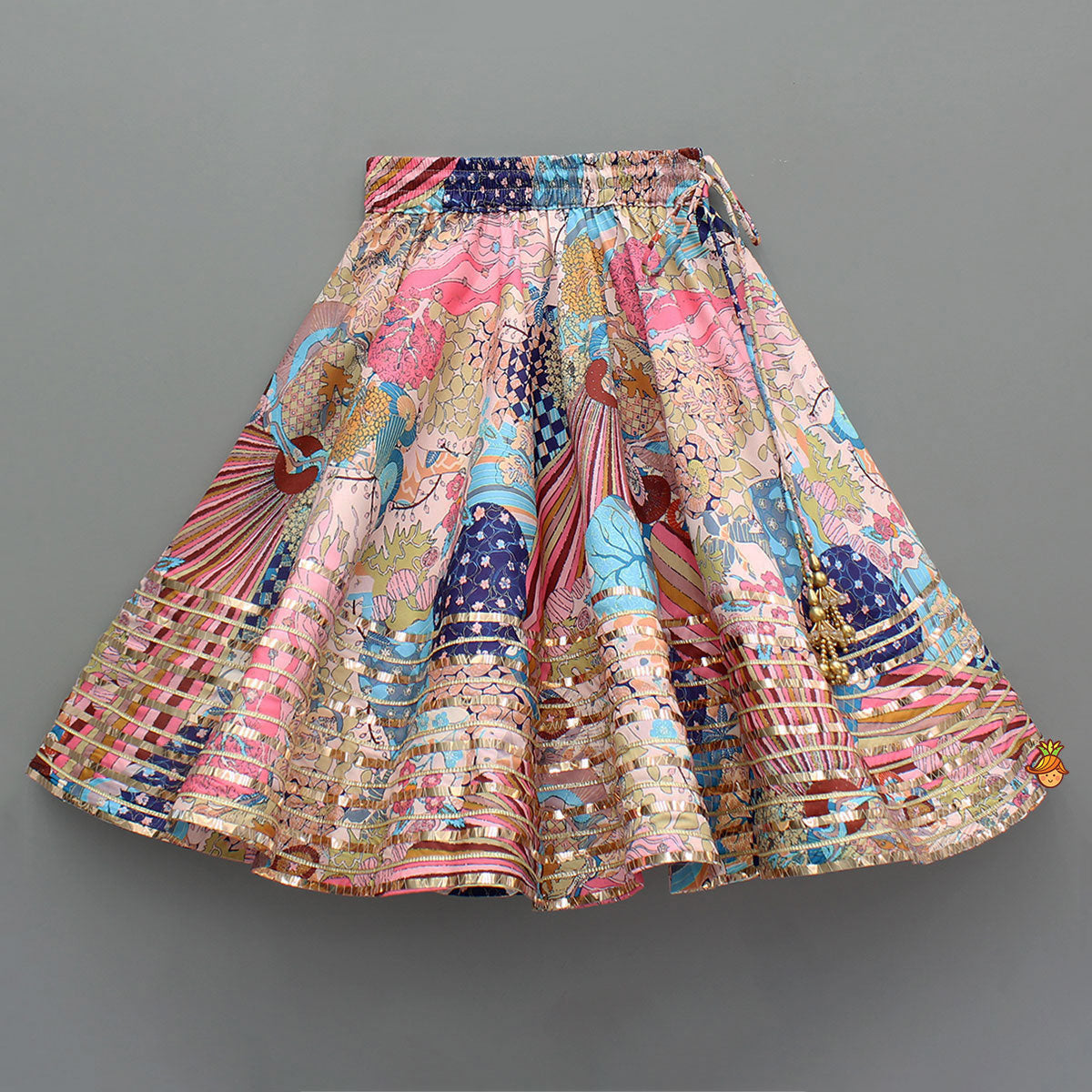 Multicolour Printed Lace Detailing Top And Flared Lehenga