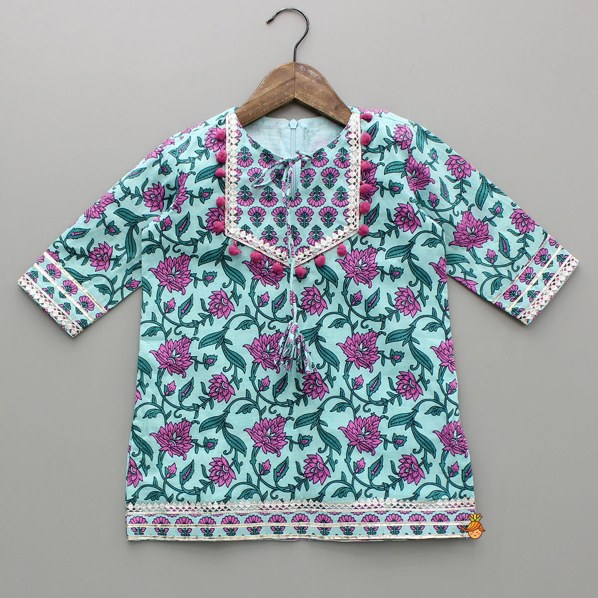 Floral Printed Gota Lace Work Kurti With Palazzo And Dupatta