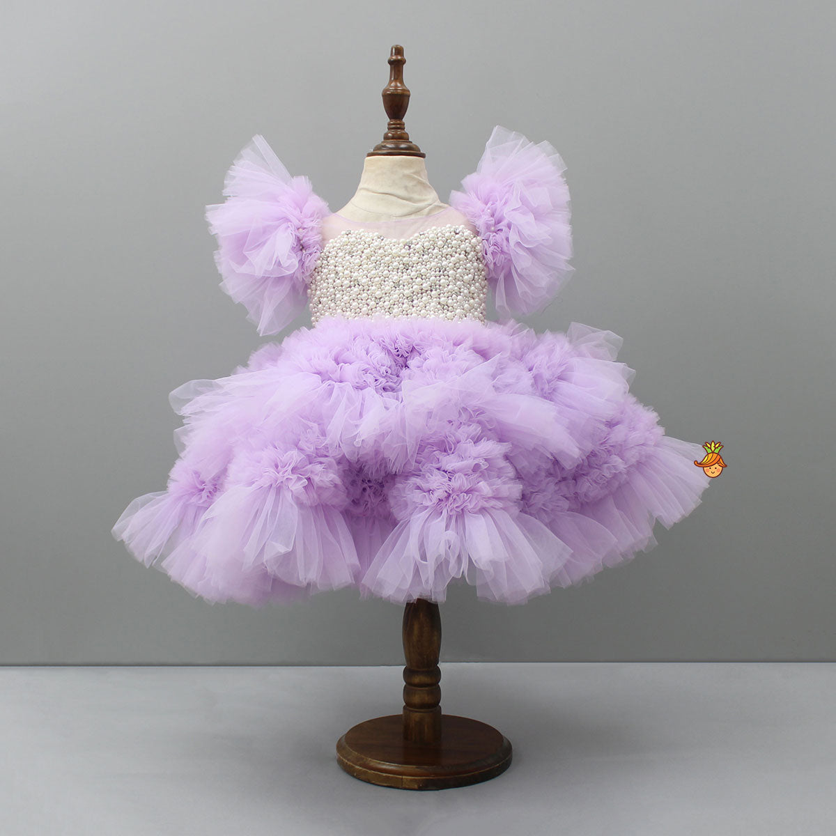 Embellished Layered Lilac Dress With Detachable Trail And Bow With Swirled Bowie Headband