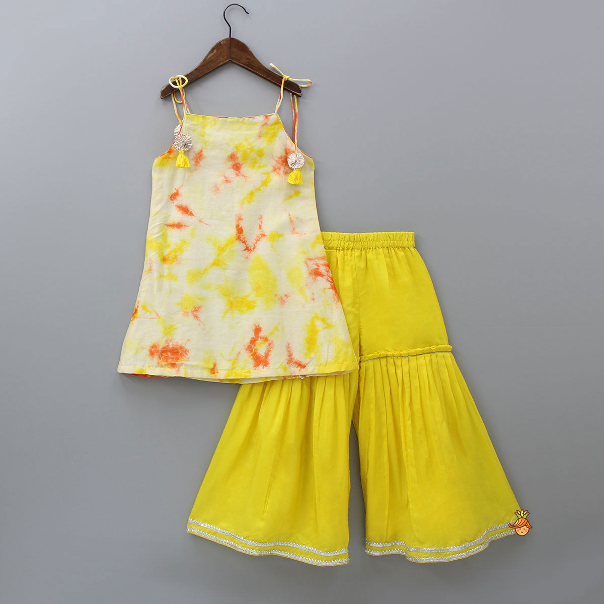 Printed Tie Up Kurti And Sharara With Net Dupatta