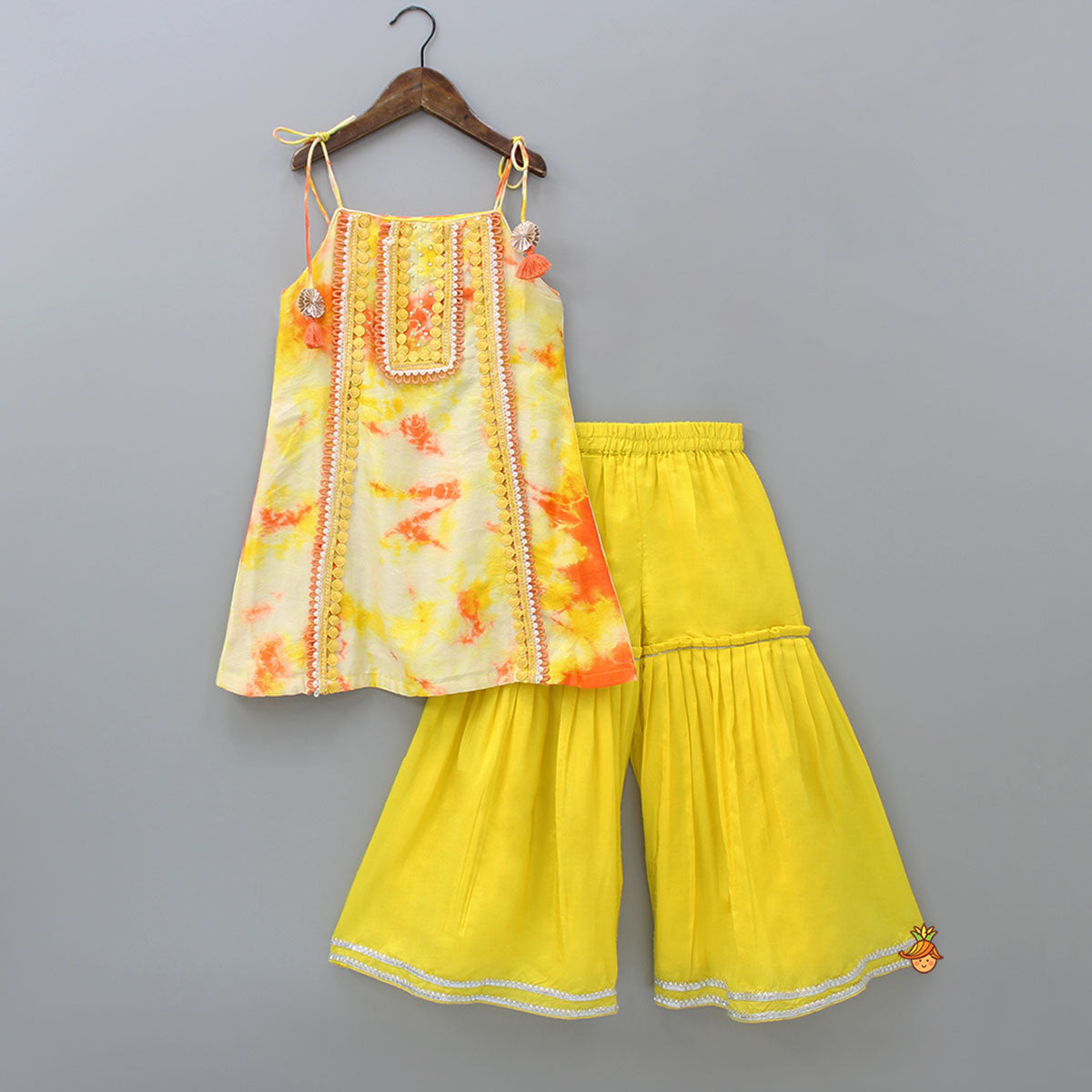 Printed Tie Up Kurti And Sharara With Net Dupatta
