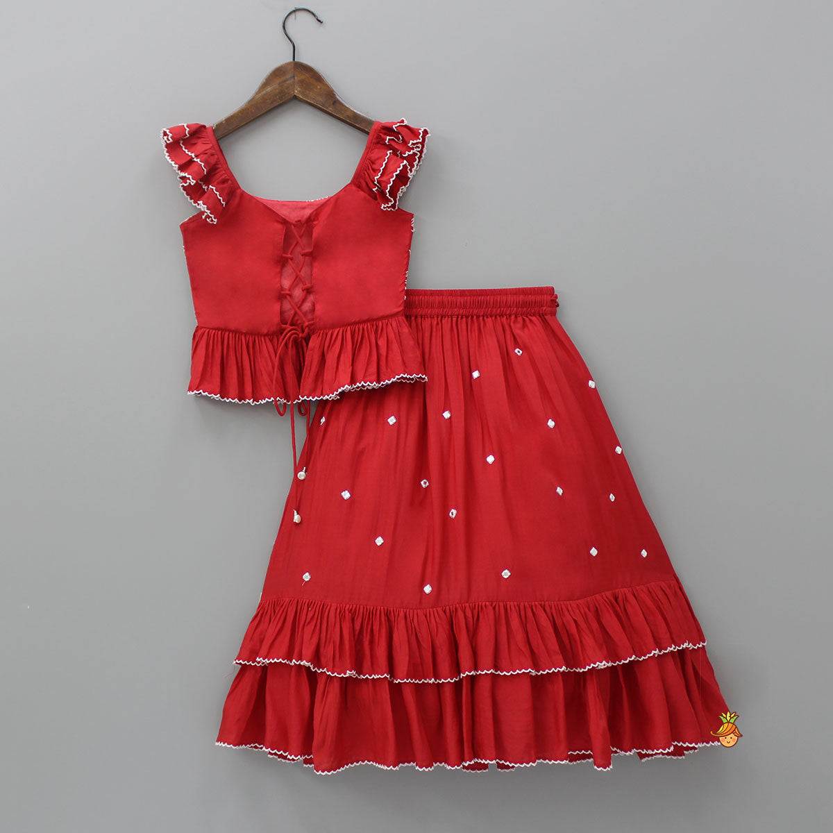 Embroidered Red Top And Pleated Frilly Hem Lehenga