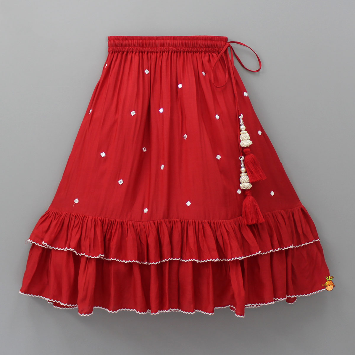 Embroidered Red Top And Pleated Frilly Hem Lehenga