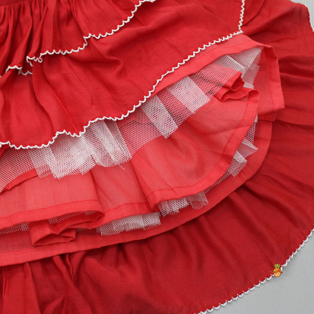 Embroidered Red Top And Pleated Frilly Hem Lehenga