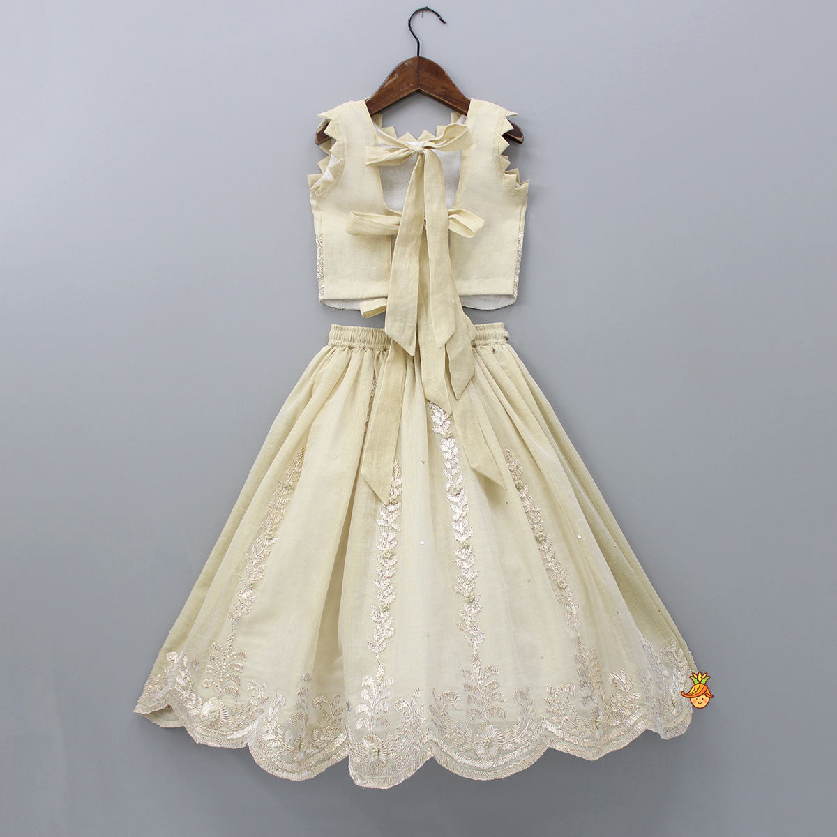 Embroidered Stylish Hem Beige Top And Pleated Lehenga