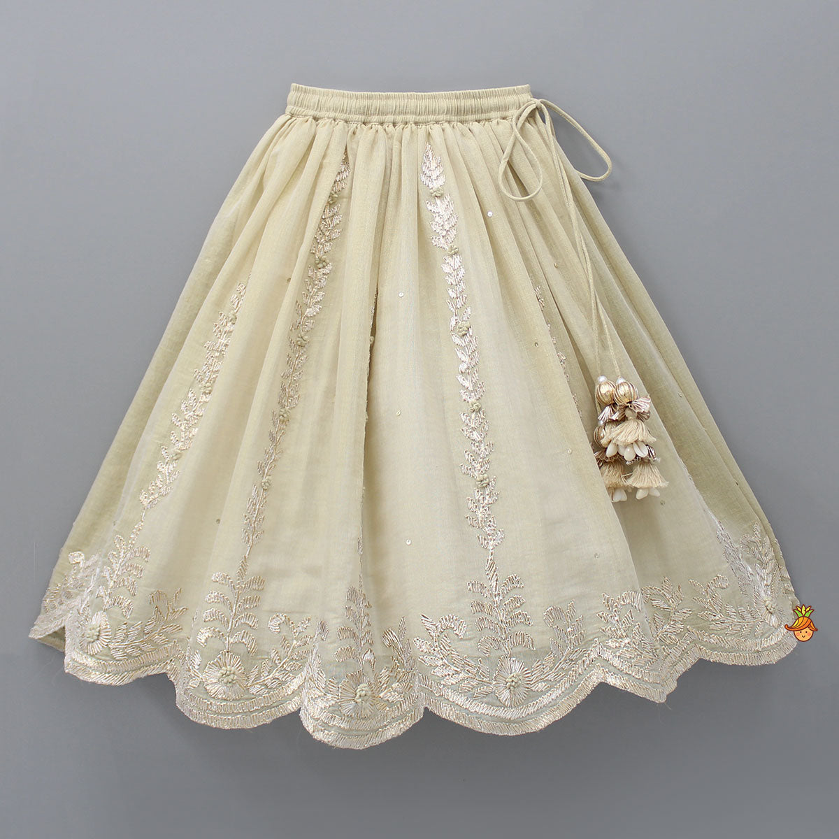 Embroidered Stylish Hem Beige Top And Pleated Lehenga