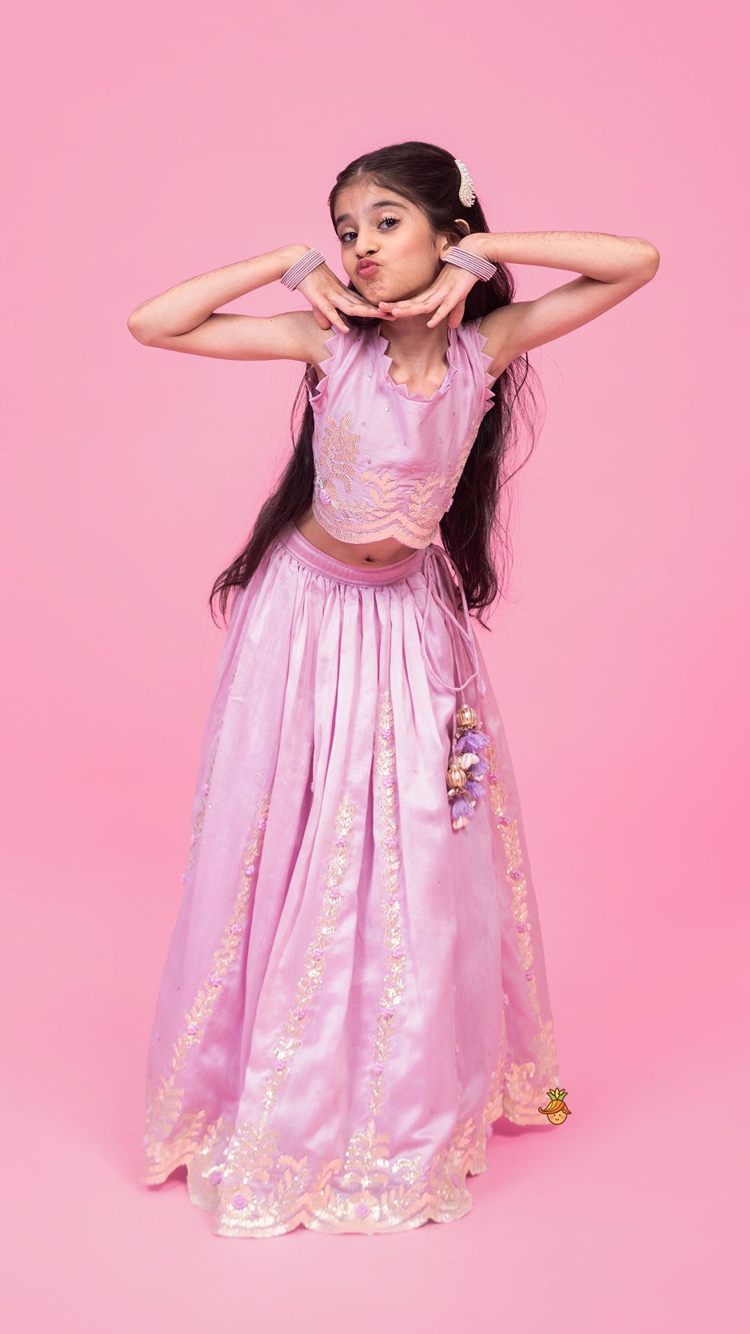 Embroidered Stylish Hem Lavender Top And Pleated Lehenga