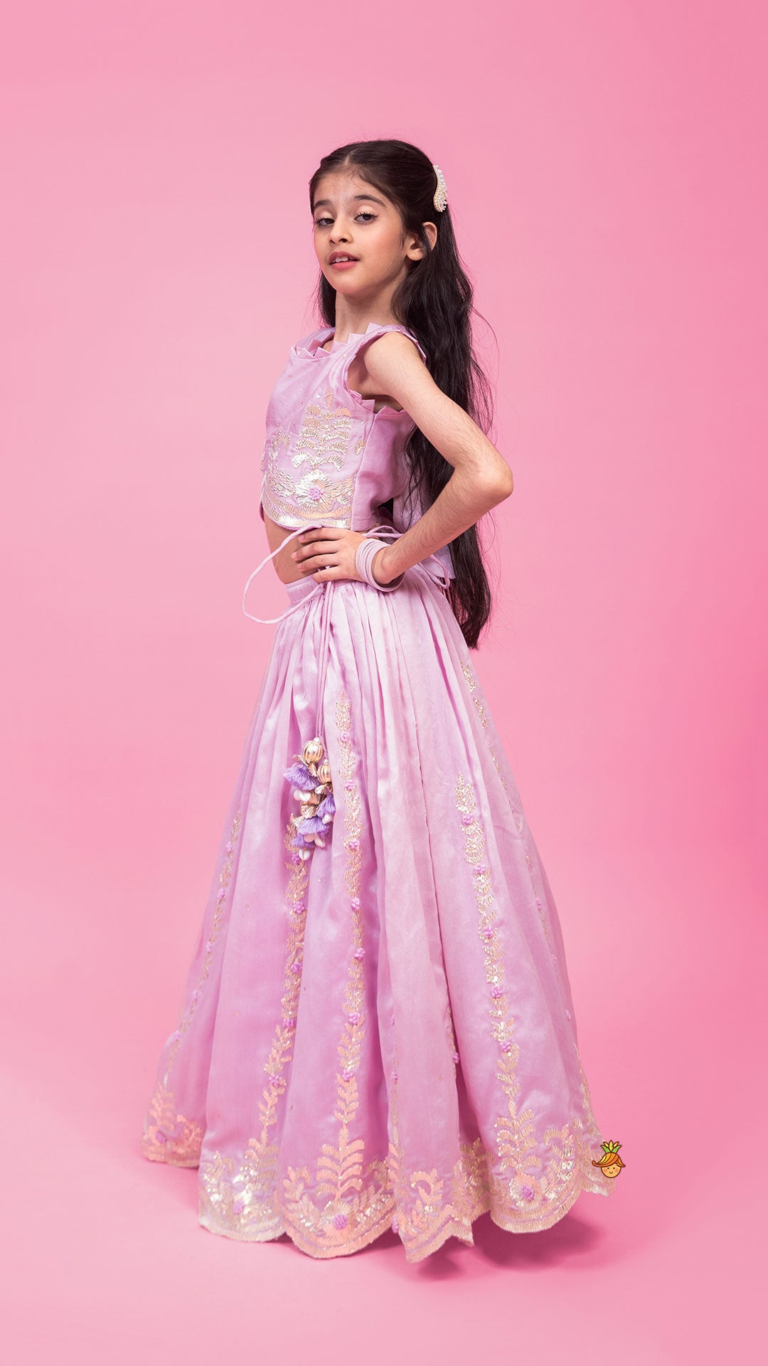 Embroidered Stylish Hem Lavender Top And Pleated Lehenga