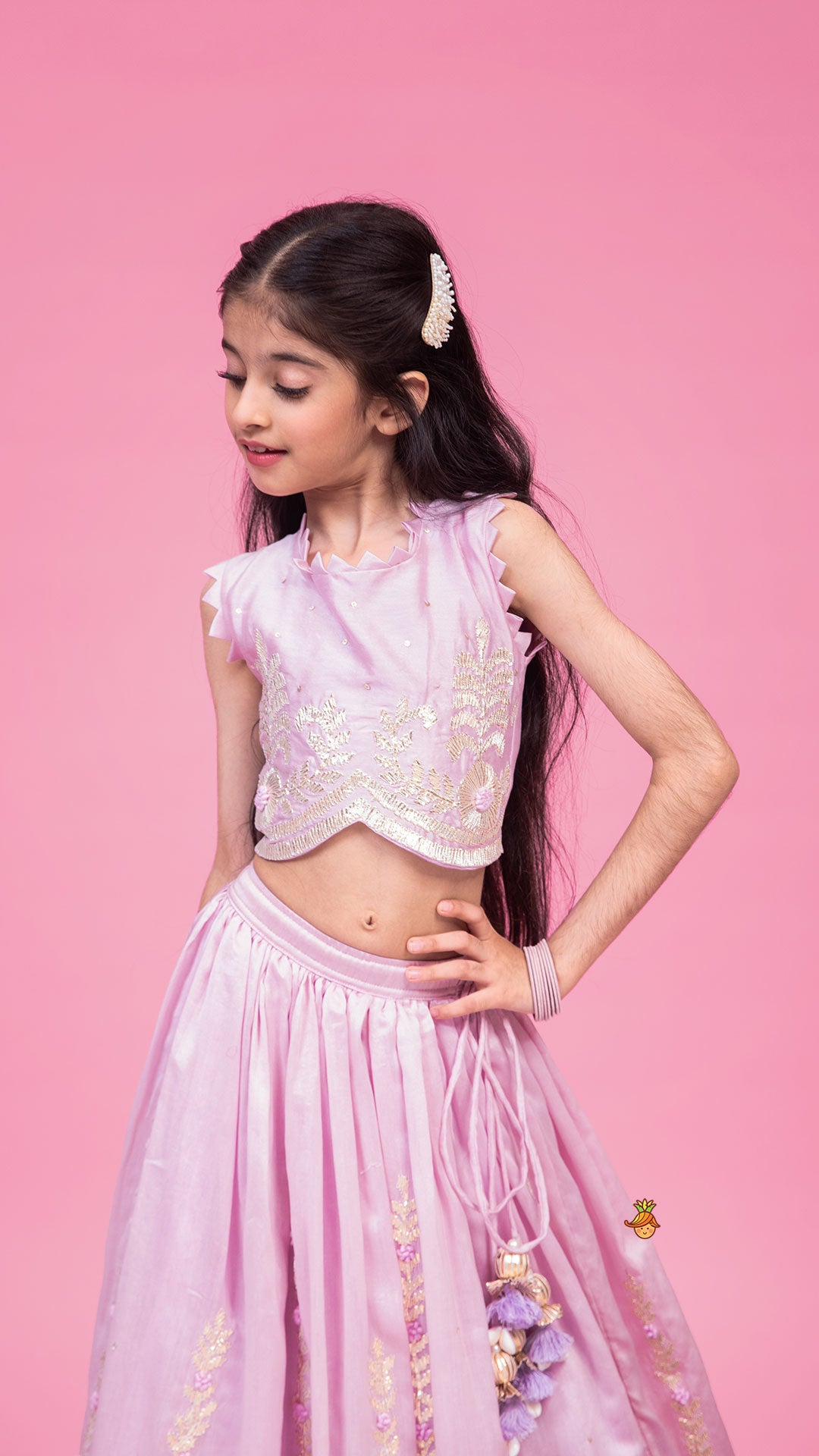 Embroidered Stylish Hem Lavender Top And Pleated Lehenga
