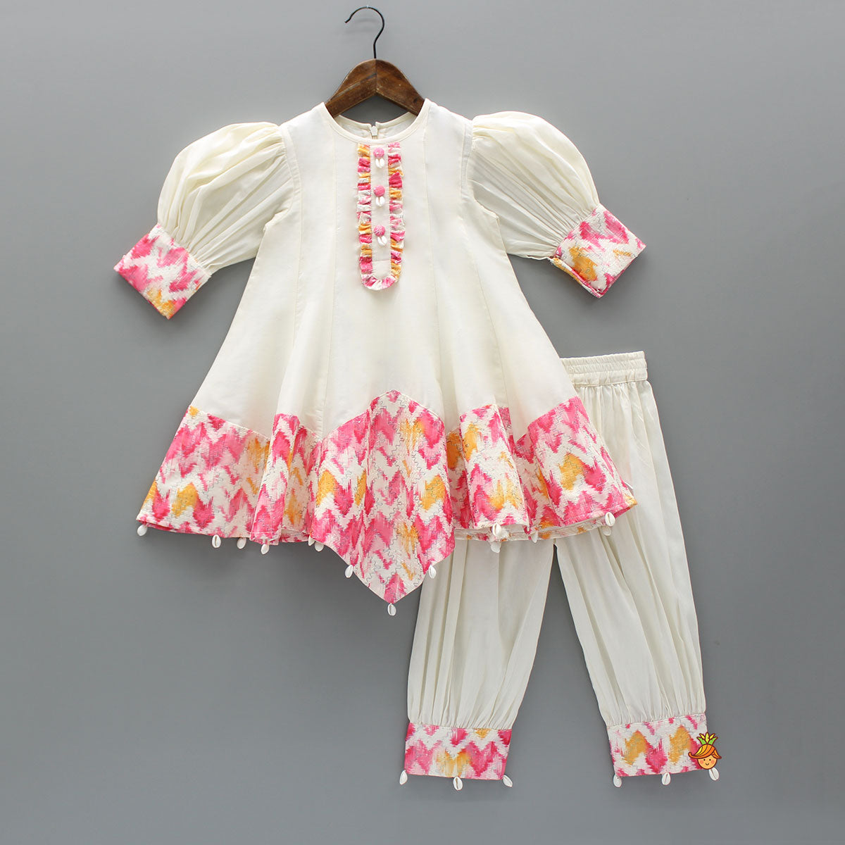 Printed Asymmetrical Hem Kurti And Stylish Pant With Net Dupatta