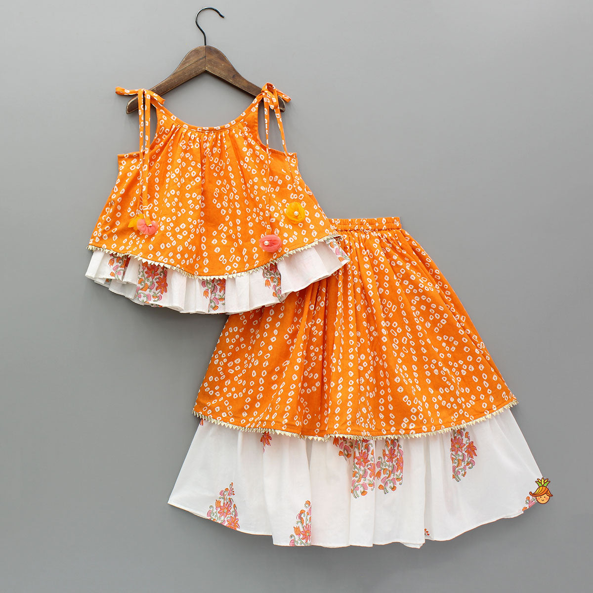 Bandhani Printed Tie Up Strap Top And Lehenga