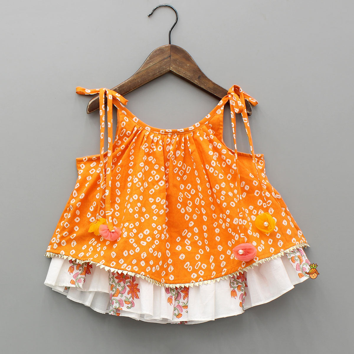 Bandhani Printed Tie Up Strap Top And Lehenga