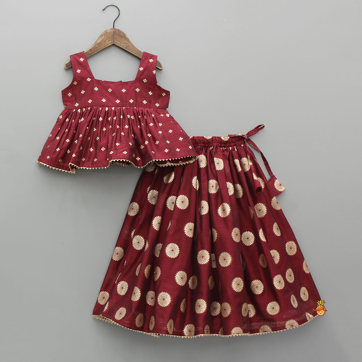 Chanderi Embroidered Maroon Peplum Top With Lehenga