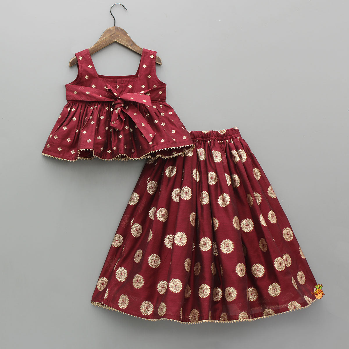 Chanderi Embroidered Maroon Peplum Top With Lehenga
