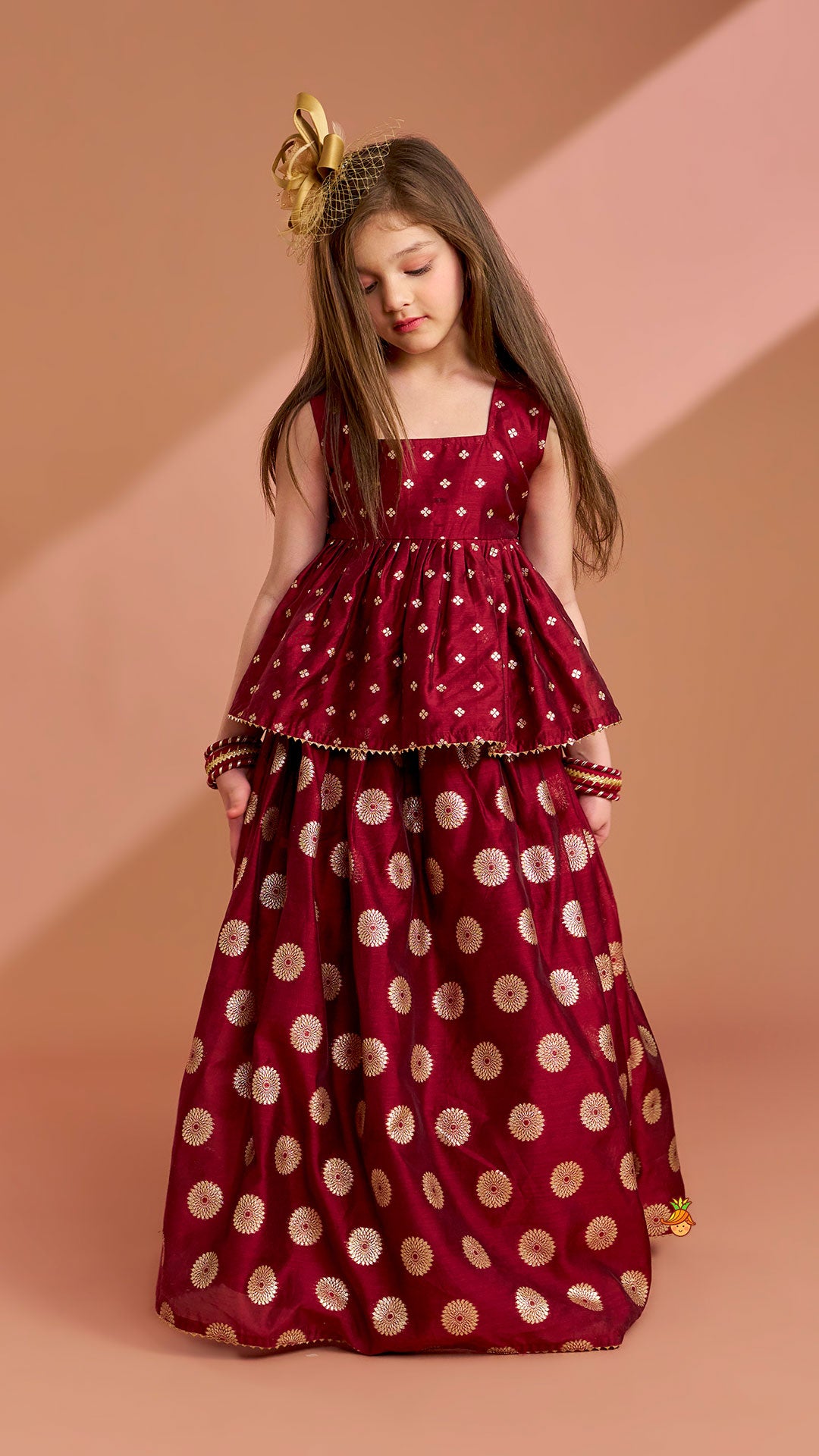 Chanderi Embroidered Maroon Peplum Top With Lehenga