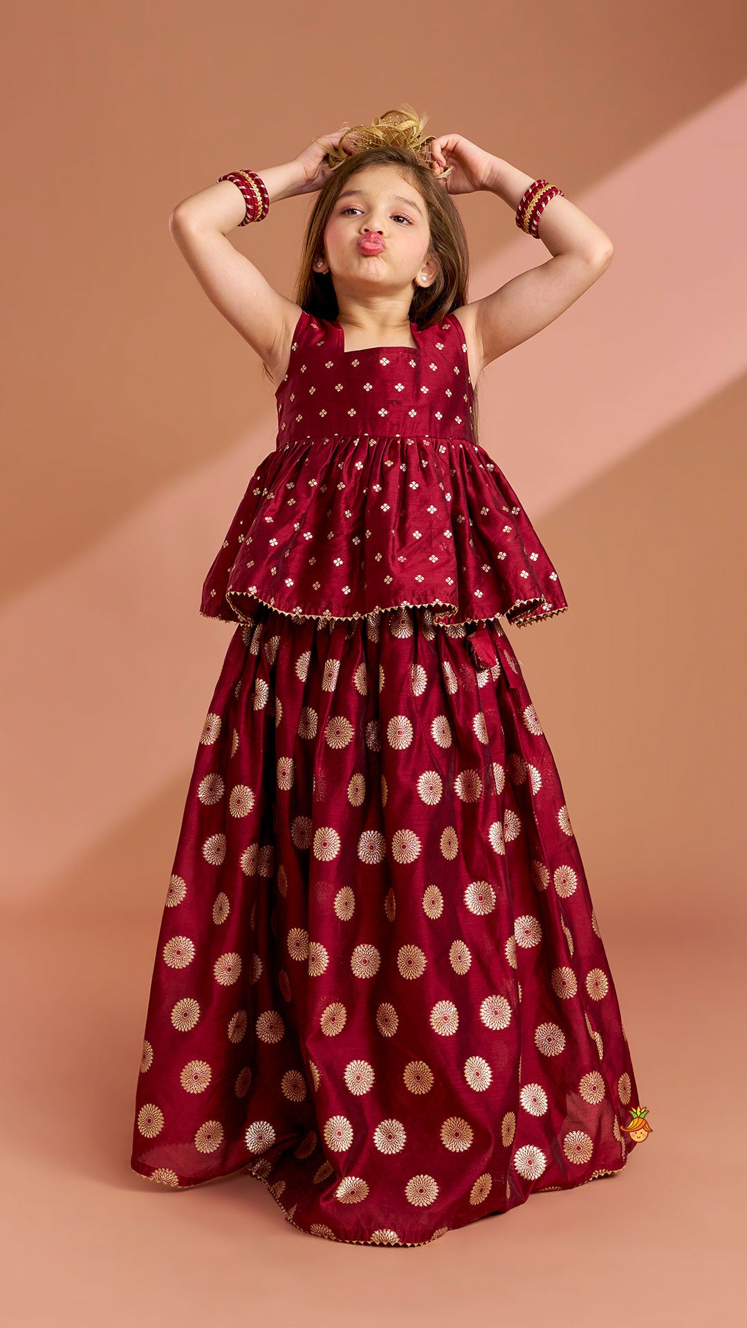 Chanderi Embroidered Maroon Peplum Top With Lehenga