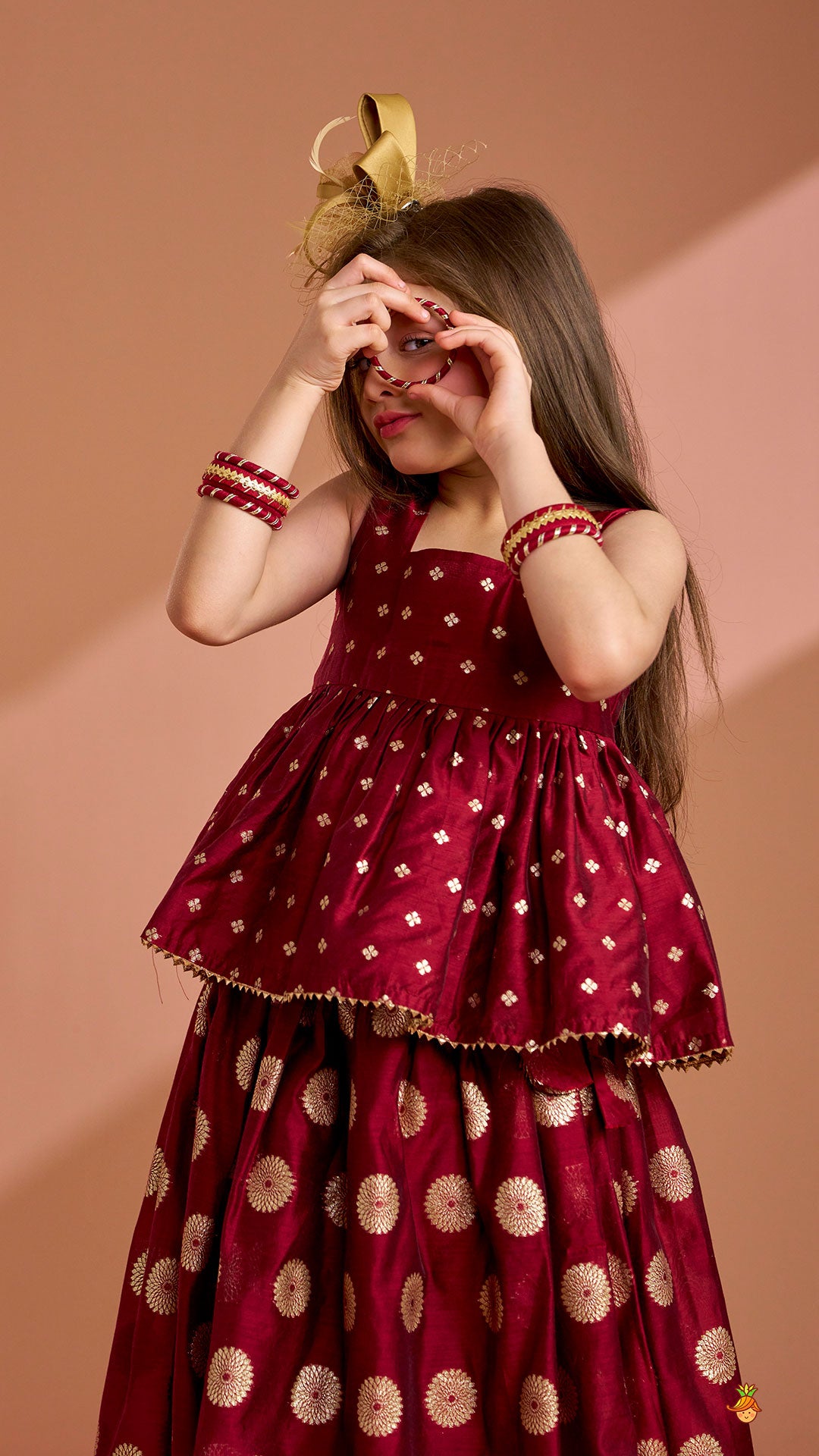 Chanderi Embroidered Maroon Peplum Top With Lehenga