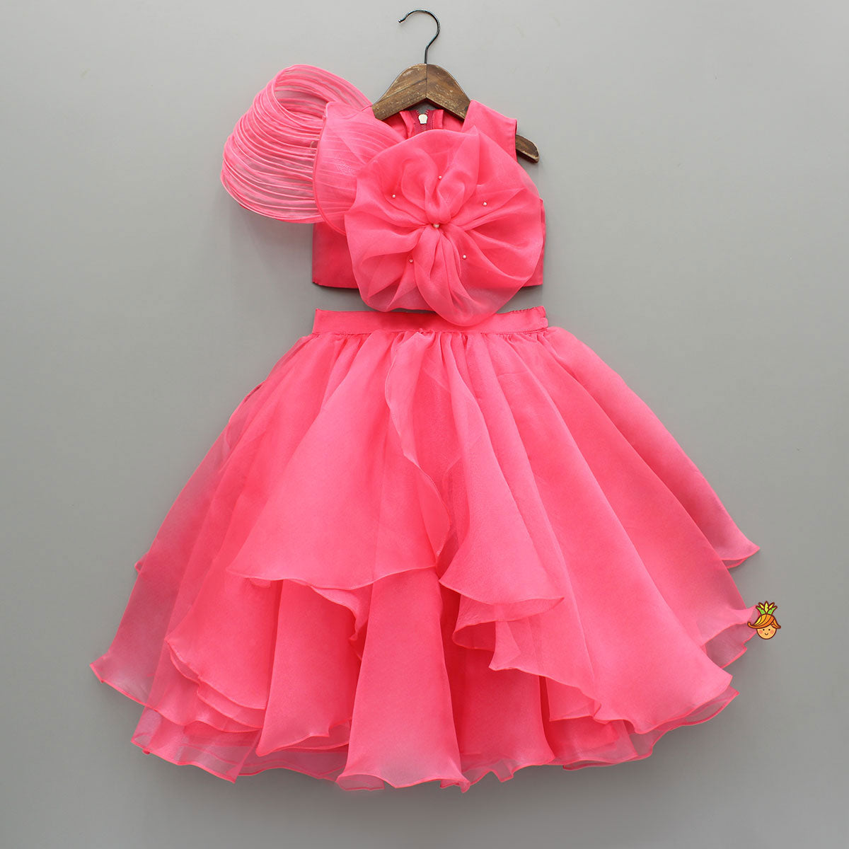 Flower Adorned Stylish Top And Asymmetrical Ruffle Lehenga