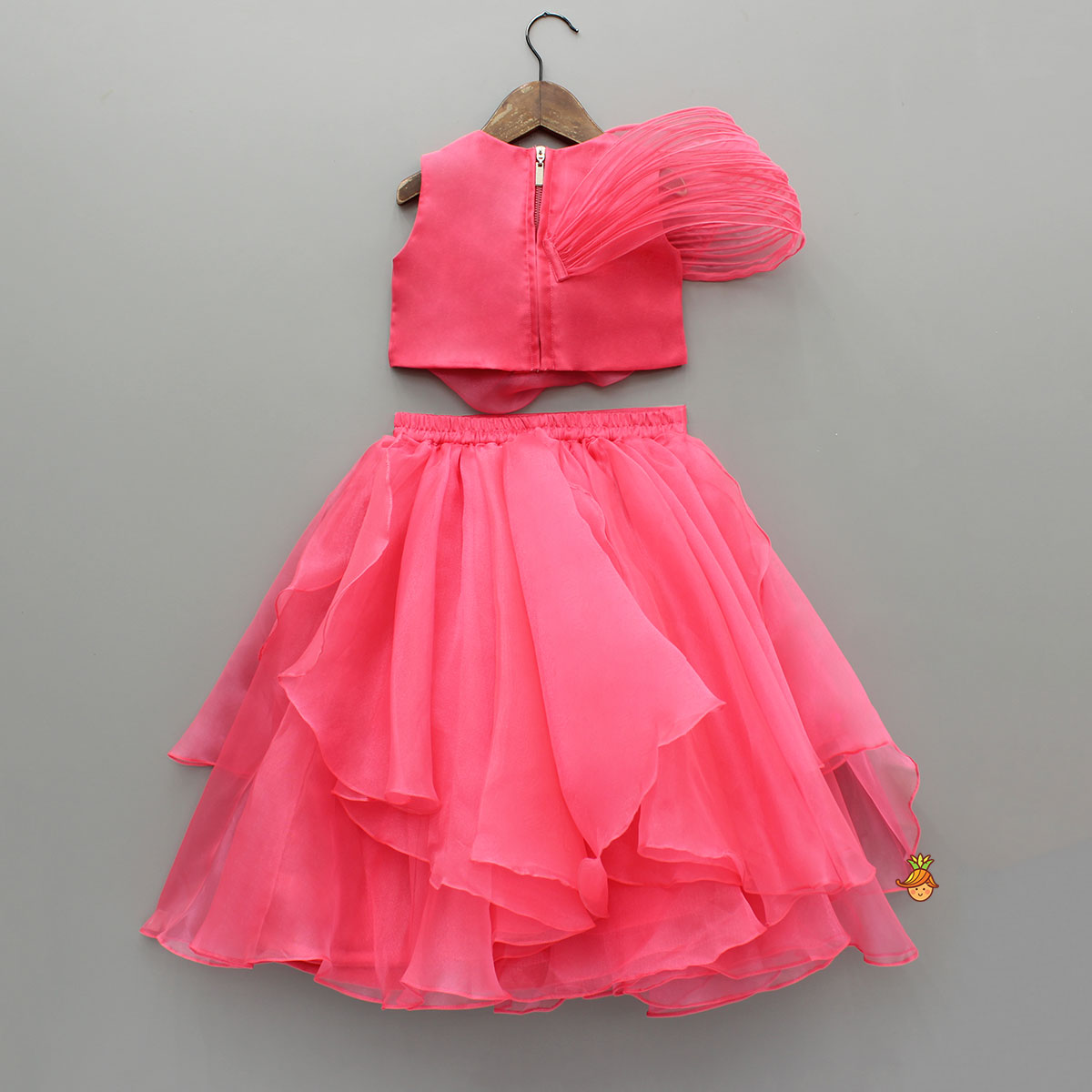Flower Adorned Stylish Top And Asymmetrical Ruffle Lehenga