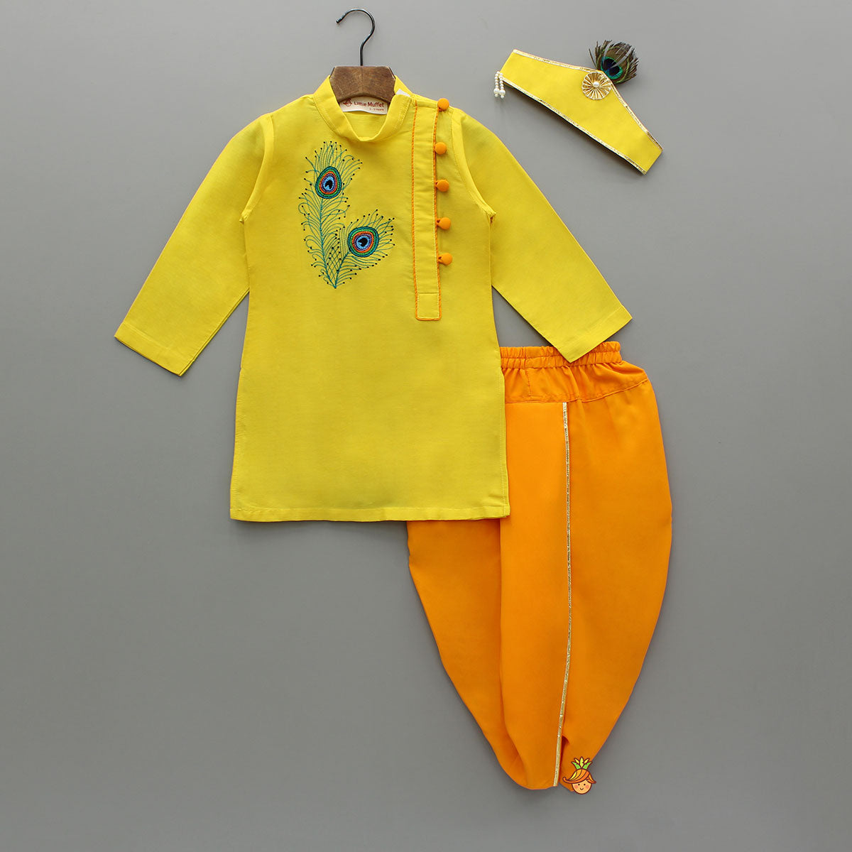 Yellow Embroidered Kurta And Dhoti With Mukut