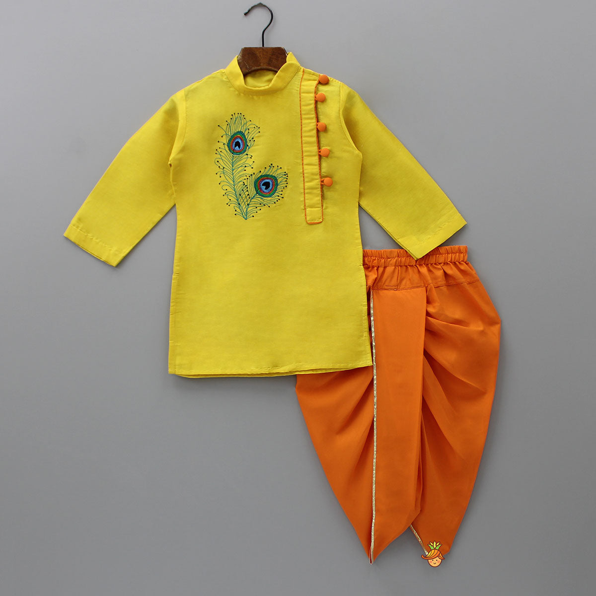 Yellow Embroidered Kurta And Dhoti With Mukut