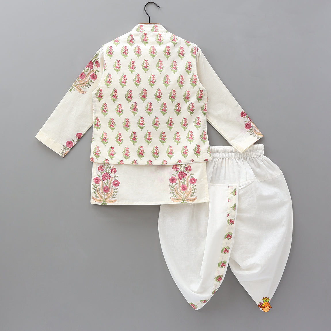 Floral Printed Kurta With Handworked Jacket And Dhoti