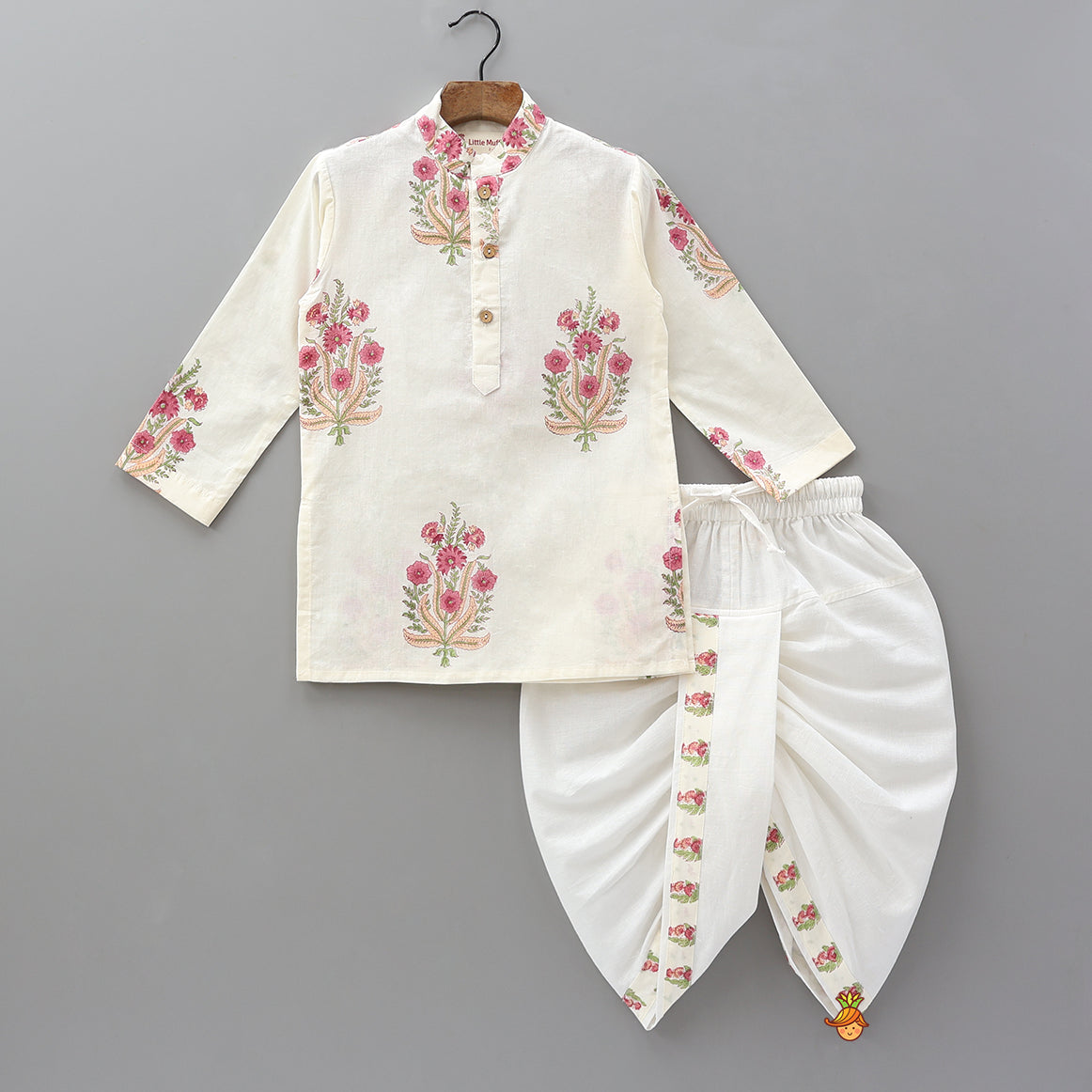 Floral Printed Kurta With Handworked Jacket And Dhoti