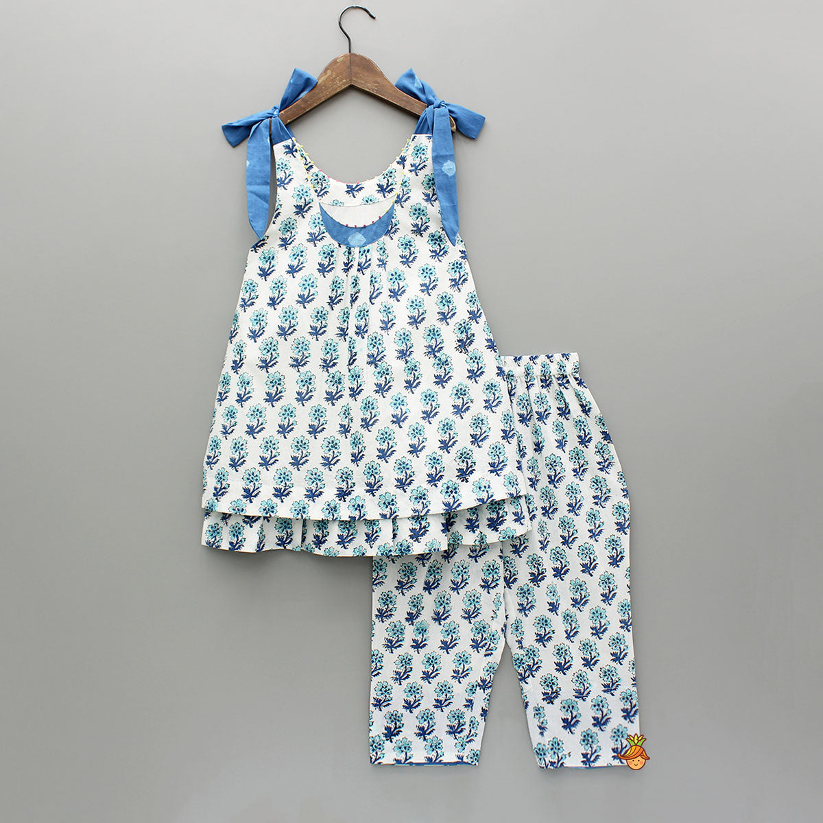 Floral Printed Layered Tie Up Kurti And Pant