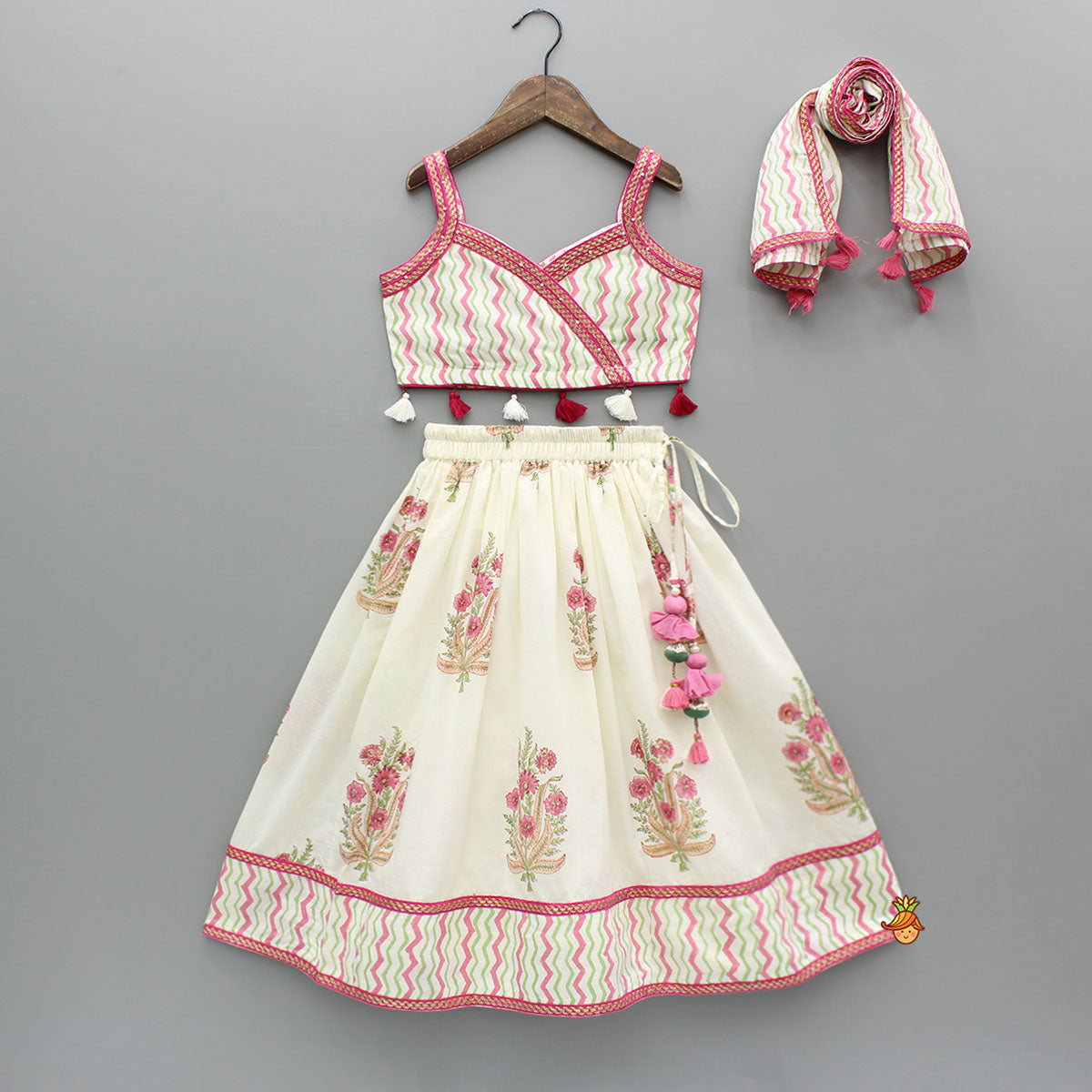 Chevron Printed Strappy Top And Lehenga With Matching Dupatta