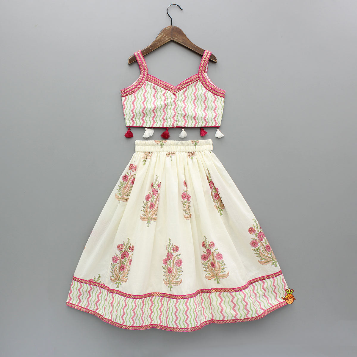 Chevron Printed Strappy Top And Lehenga With Matching Dupatta