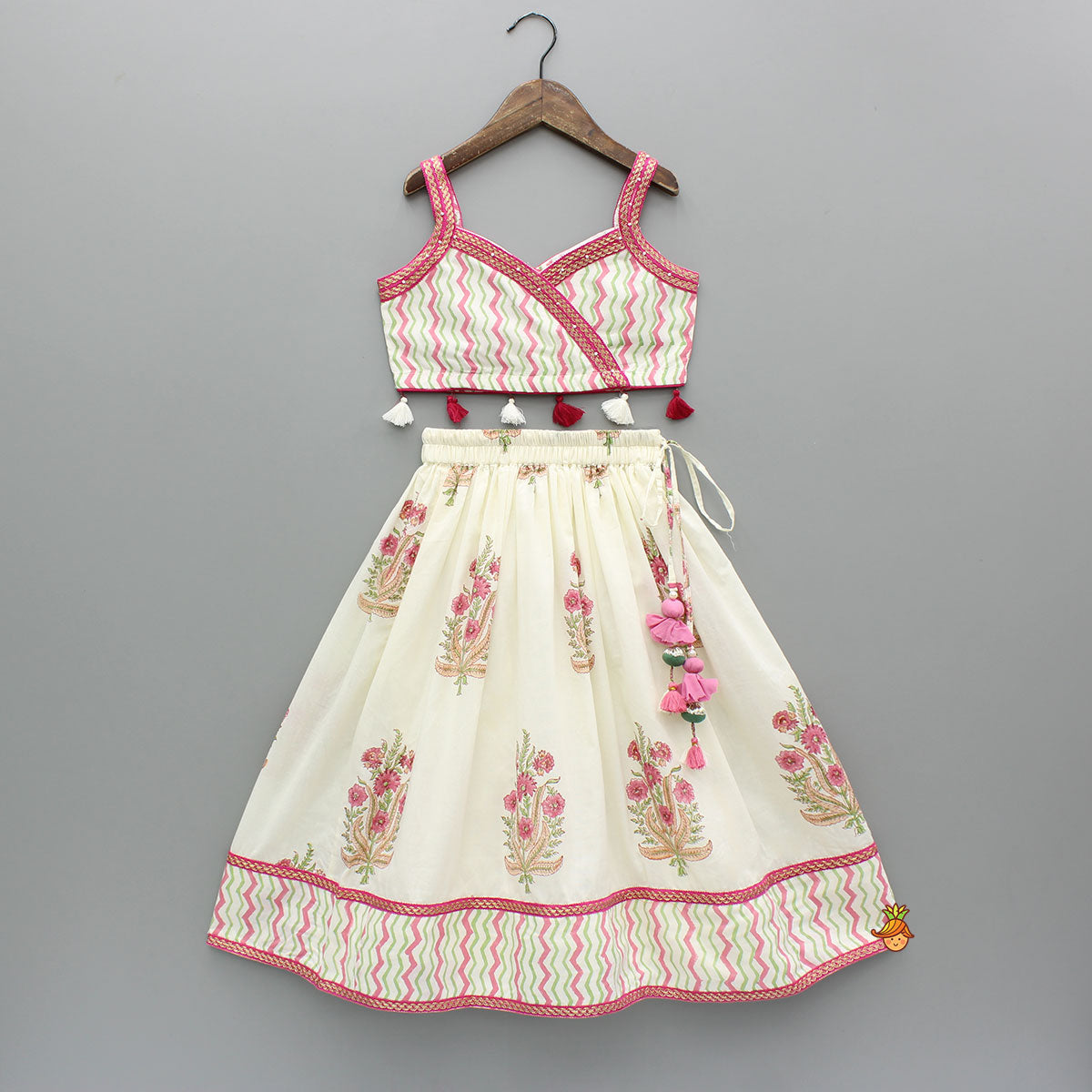 Chevron Printed Strappy Top And Lehenga With Matching Dupatta