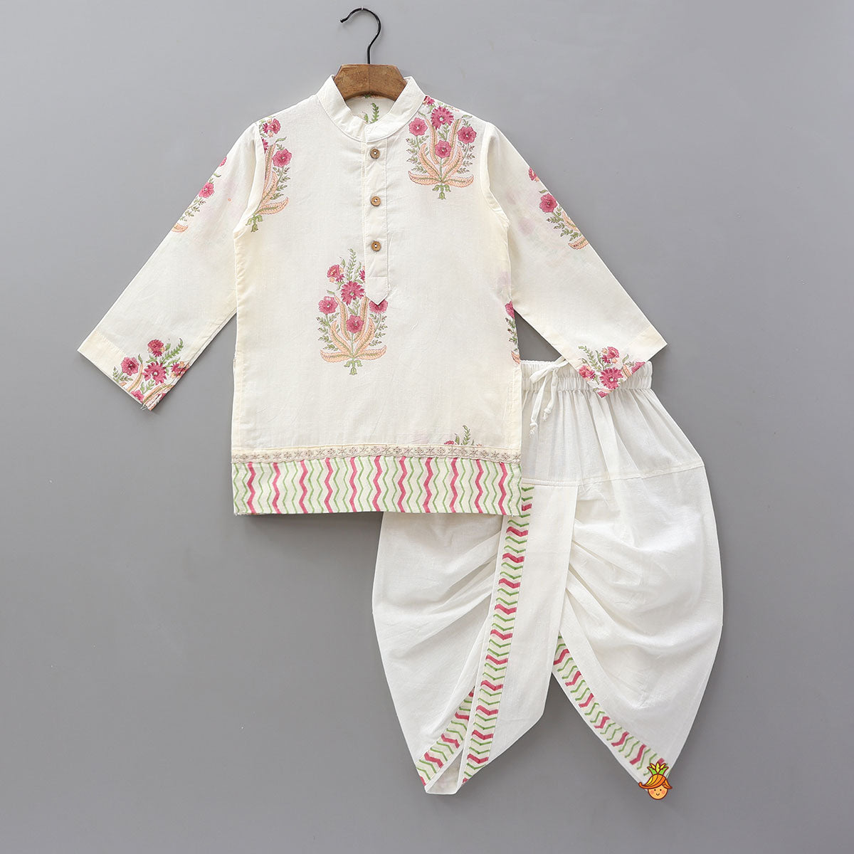 Multicoloured Floral Printed Kurta With Jacket And Dhoti