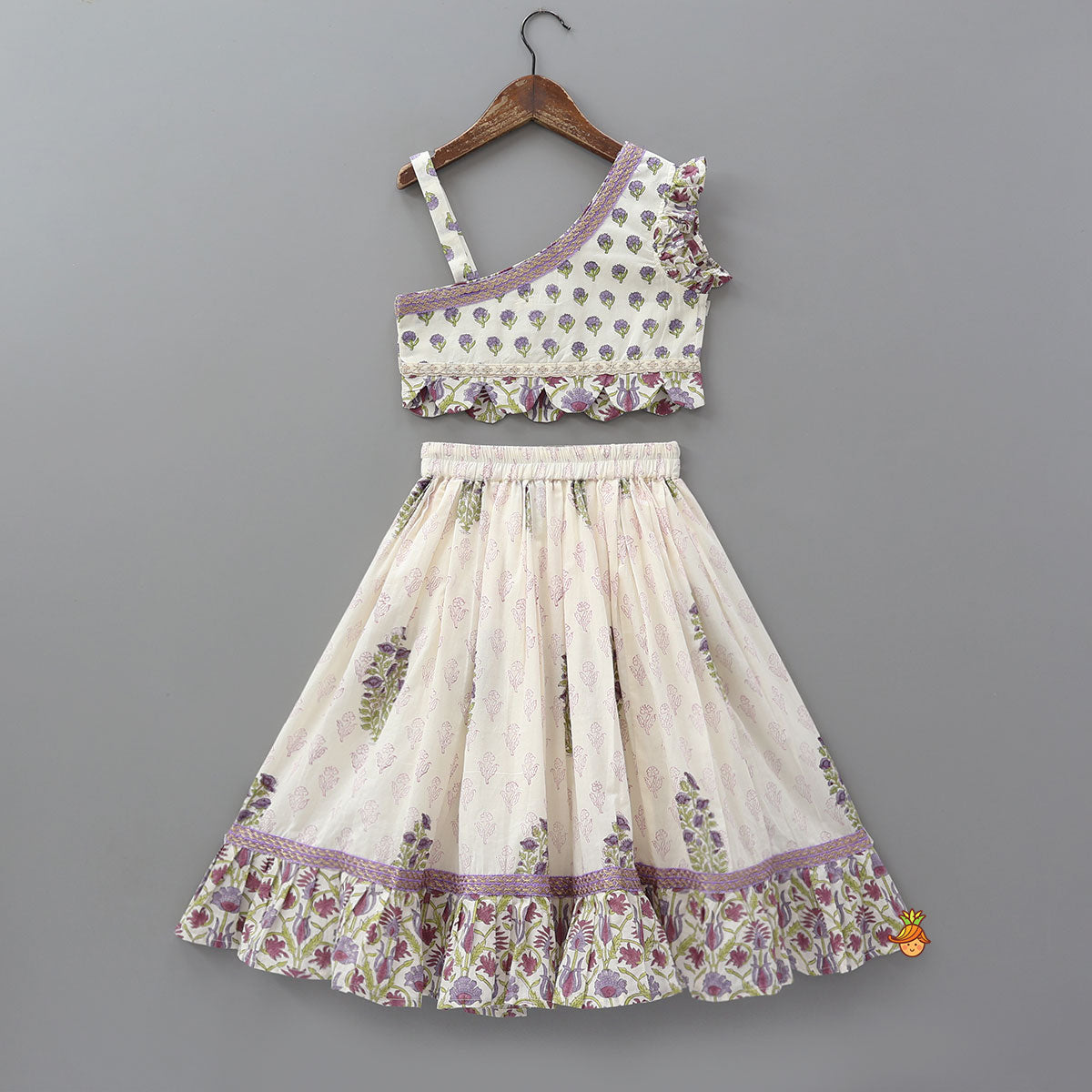 Floral Printed One Shoulder Top With Lehenga And Dupatta