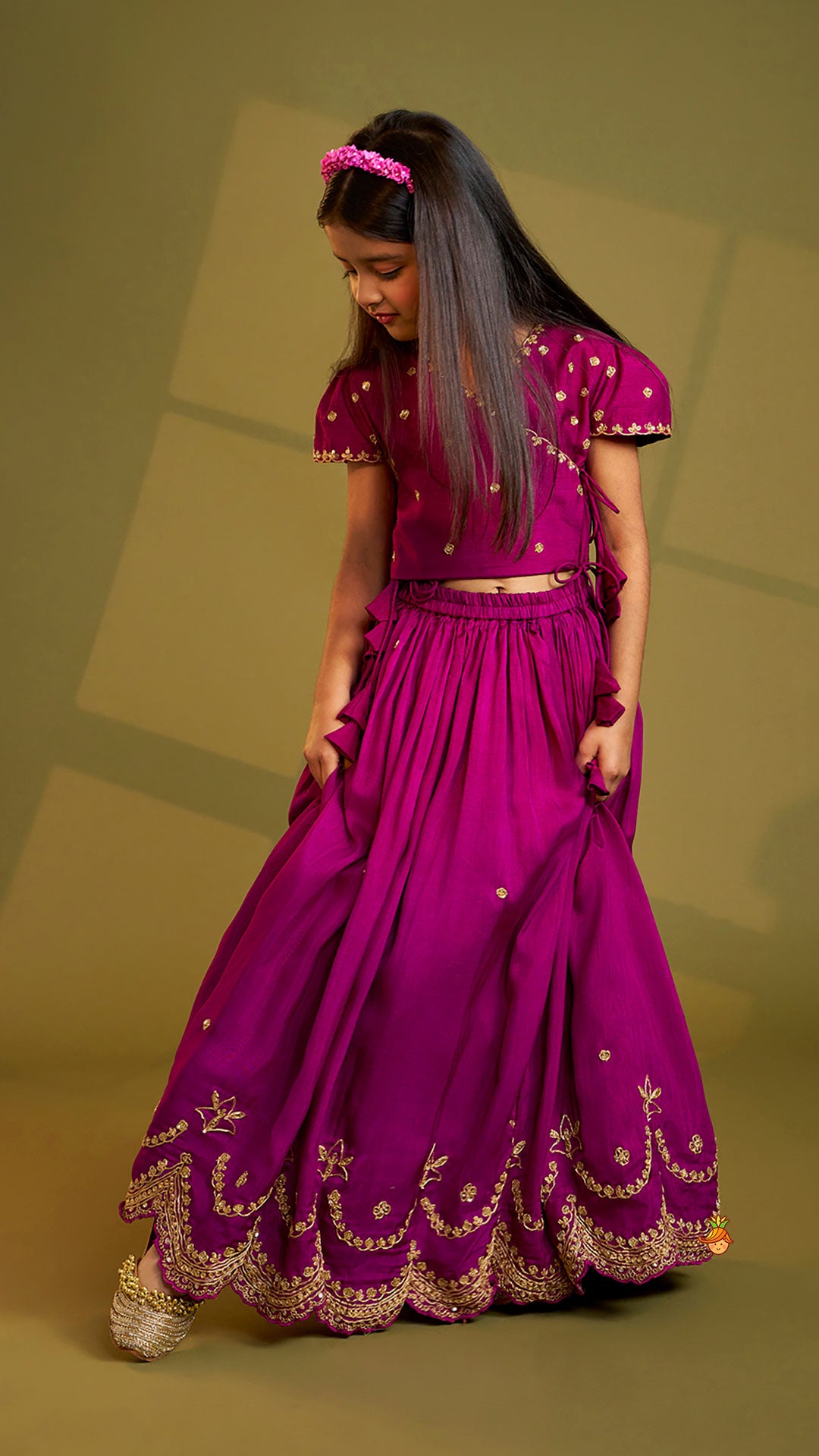 Purple Embroidered Front Overlap Top With Lehenga And Dupatta
